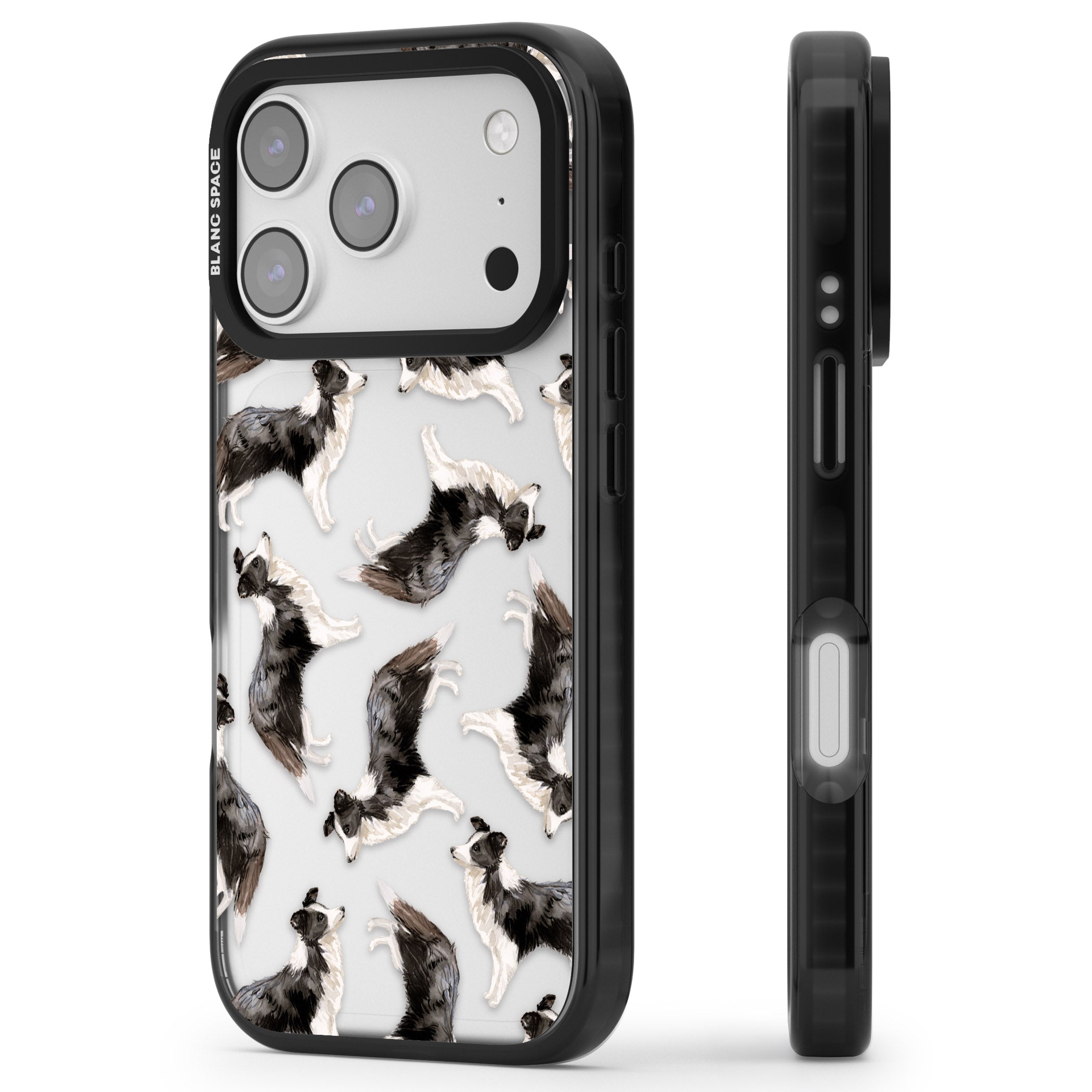 Border Collie Pattern Watercolour iPhone 17 Pro Max Impact Black Phone Case Side Profile