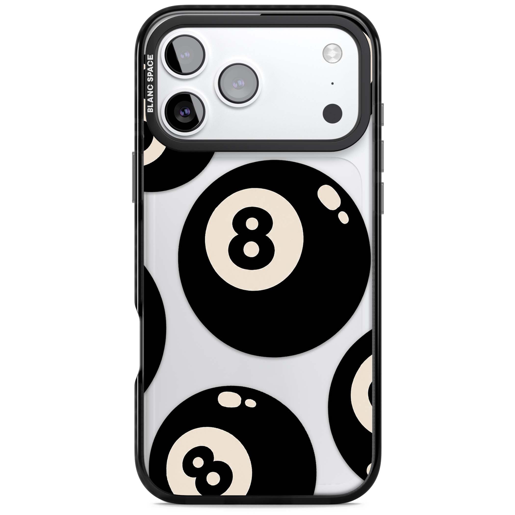 Eights y2k iPhone case featuring scattered black 8 balls with cream highlights on a clear background | Clear Impact case for iPhone 17 Pro, iPhone 17 Pro Max
