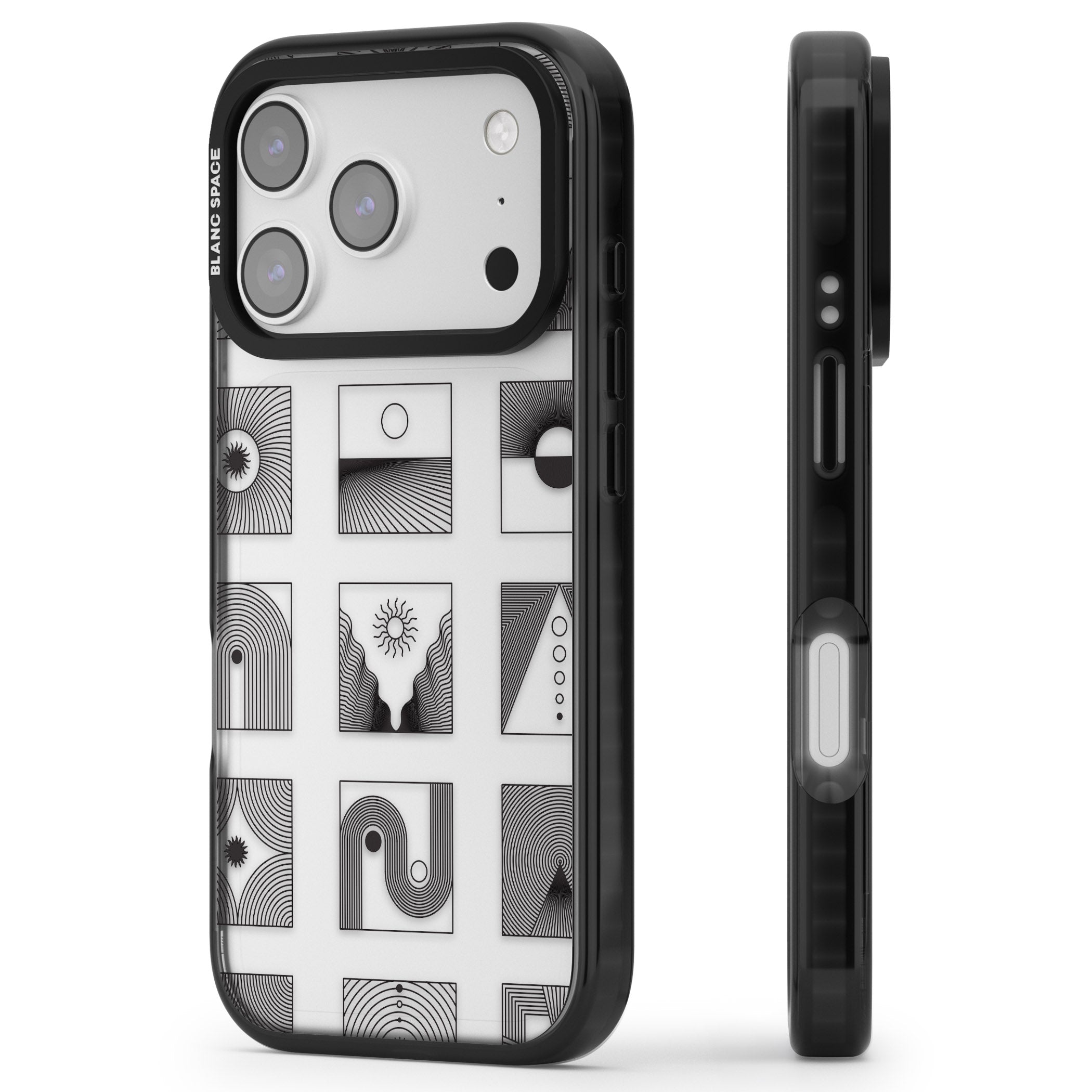 Geometric Pattern Trio: Artistic Blend iPhone 17 Pro Impact Black Phone Case Side Profile
