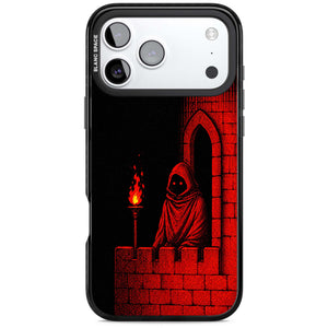 Crimson Crypt gothic iPhone case featuring a hooded reaper, torchlit crypt archway and red halftone horror art | Clear Impact case for iPhone 17 Pro, iPhone 17 Pro Max