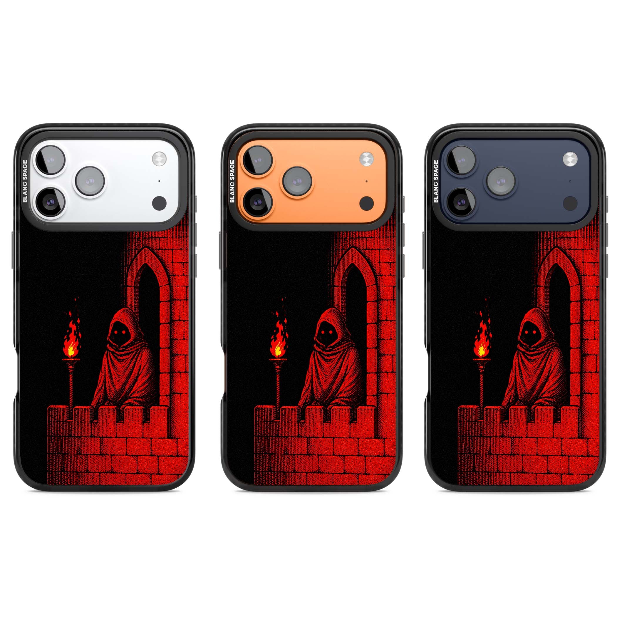 Crimson Crypt gothic iPhone case featuring a hooded reaper, torchlit crypt archway and red halftone horror art | Clear Impact case for iPhone 17 Pro, iPhone 17 Pro Max
