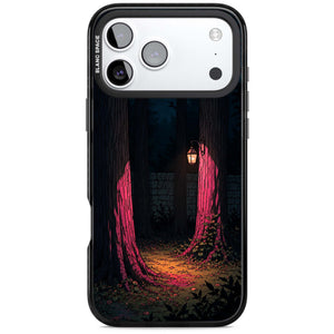Forest Lantern dark academia iPhone case featuring a moonlit forest, glowing lantern, and stone wall pathway | Clear Impact case for iPhone 17 Pro, iPhone 17 Pro Max
