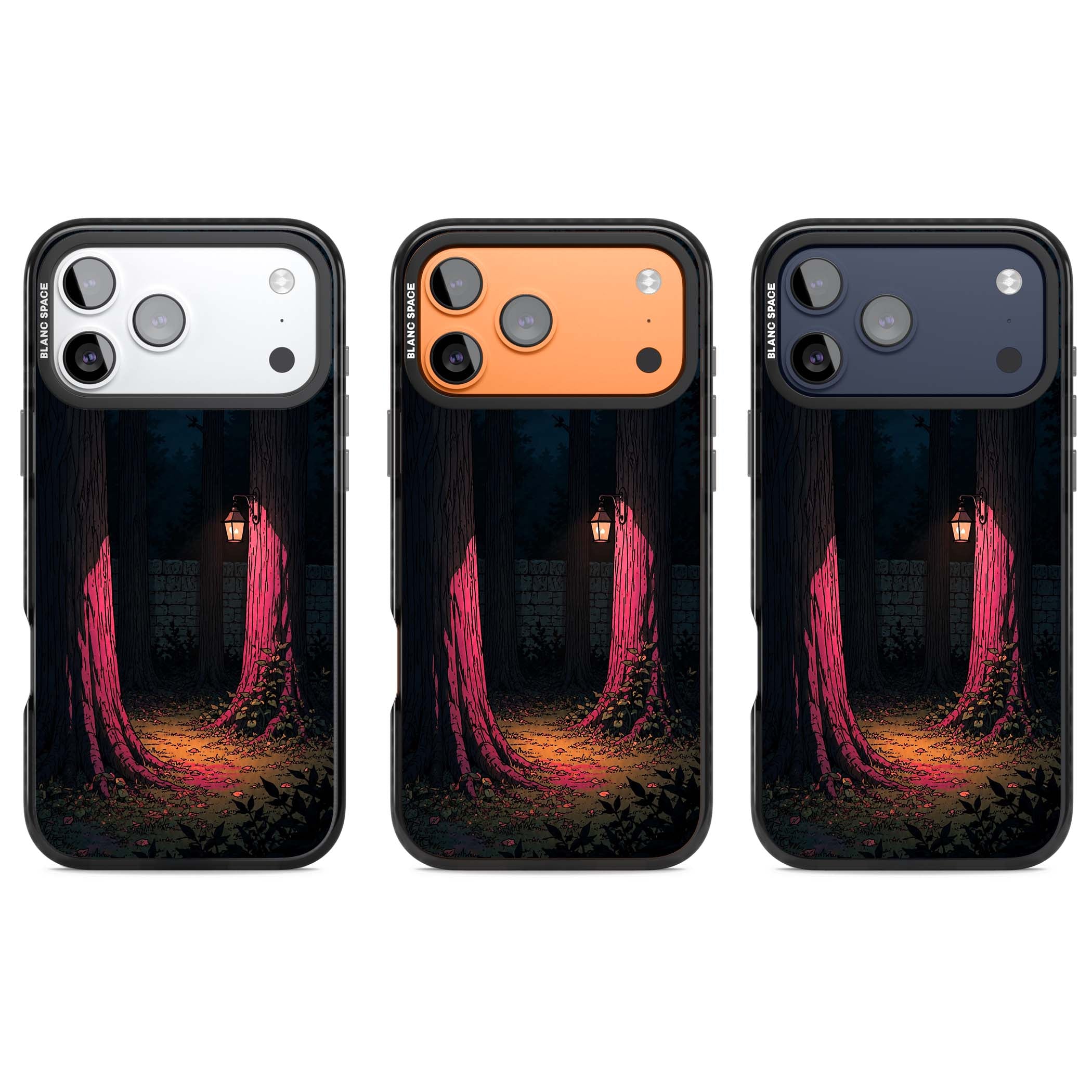 Forest Lantern dark academia iPhone case featuring a moonlit forest, glowing lantern, and stone wall pathway | Clear Impact case for iPhone 17 Pro, iPhone 17 Pro Max