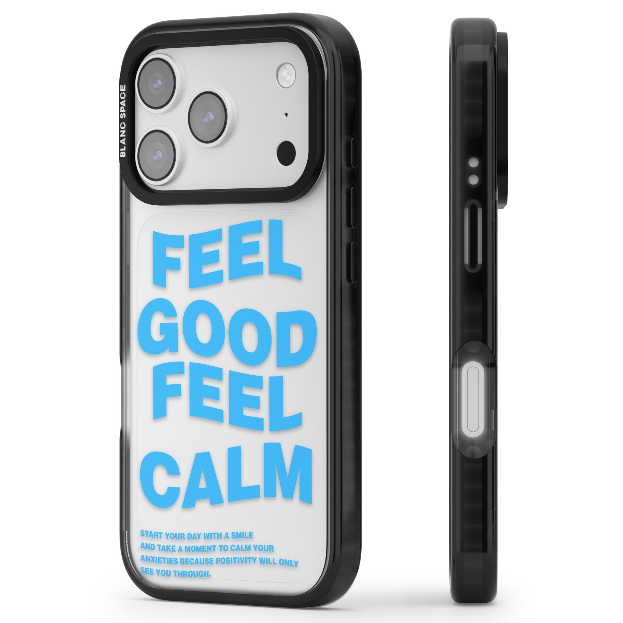 Feel Good Feel Calm (Blue) iPhone 17 Pro Impact Black Phone Case Side Profile