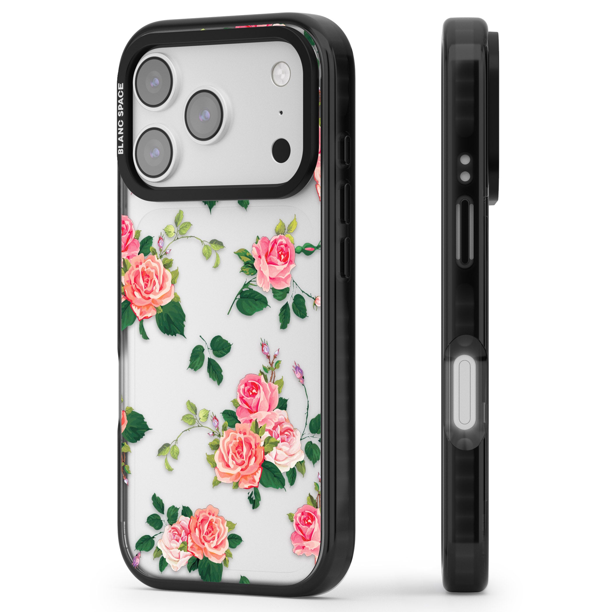 Pink Roses iPhone 17 Pro Max Impact Black Phone Case Side Profile
