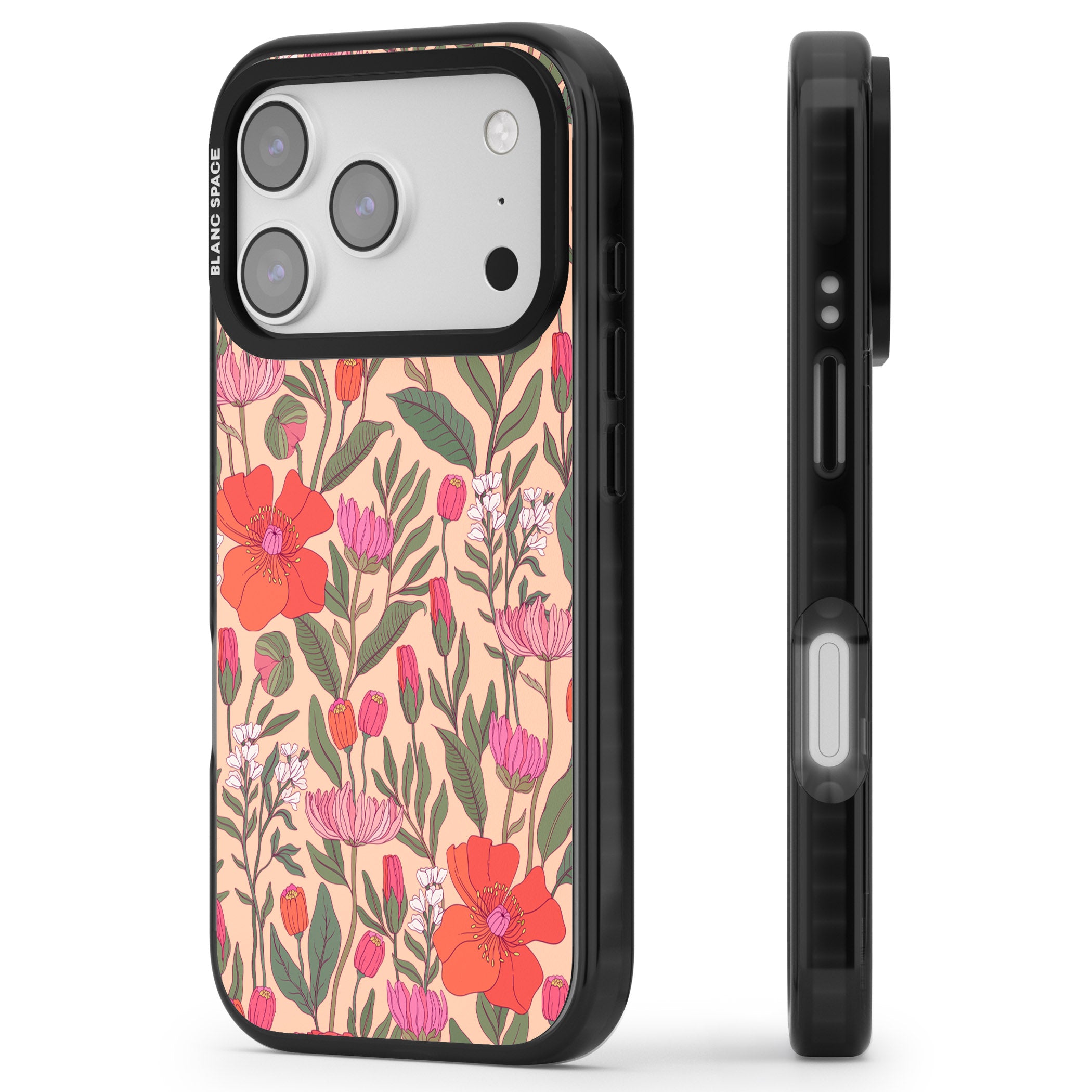 Peachy Floral Background iPhone 17 Pro Impact Black Phone Case Side Profile