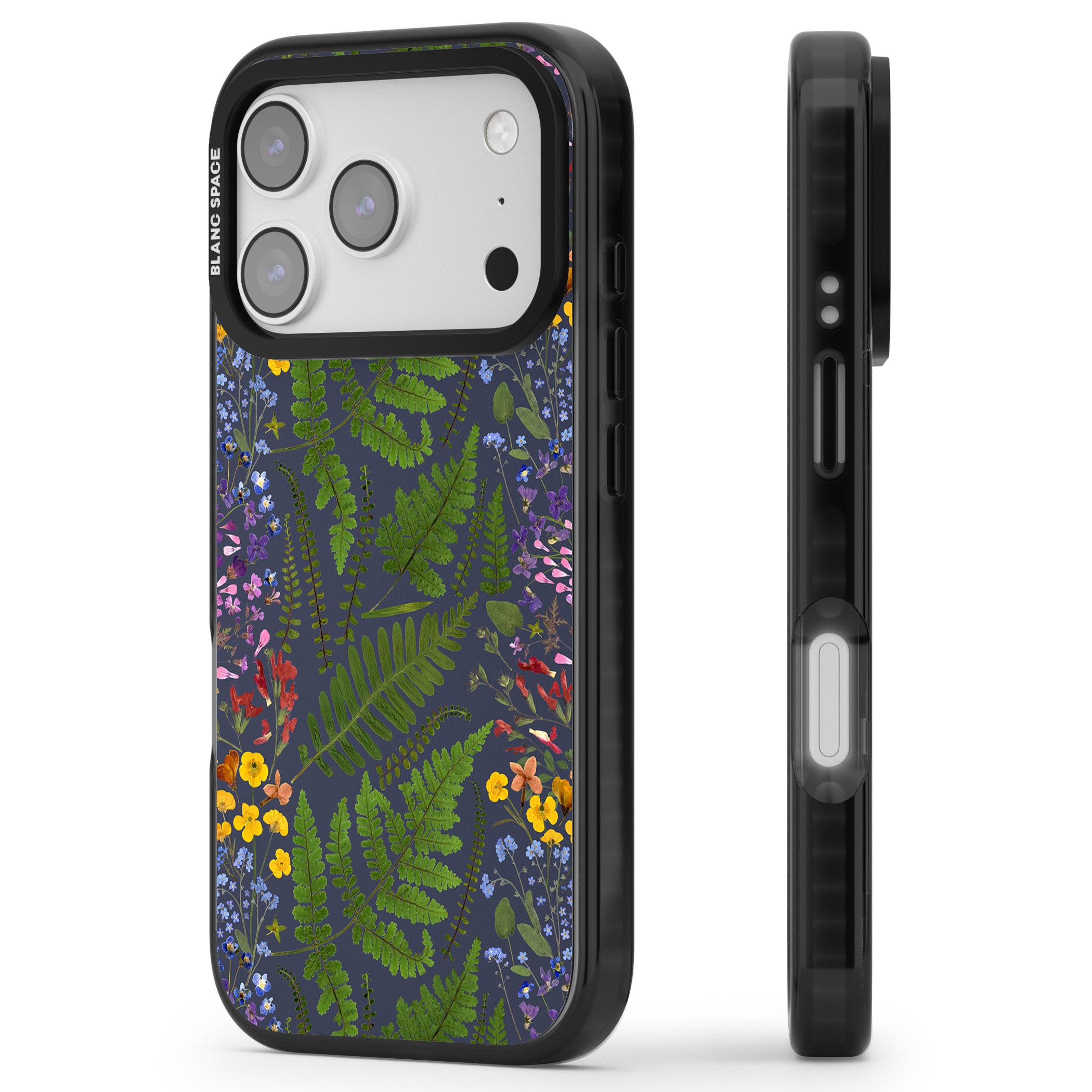Busy Floral And Fern Design Navy iPhone 17 Pro Impact Black Phone Case Side Profile