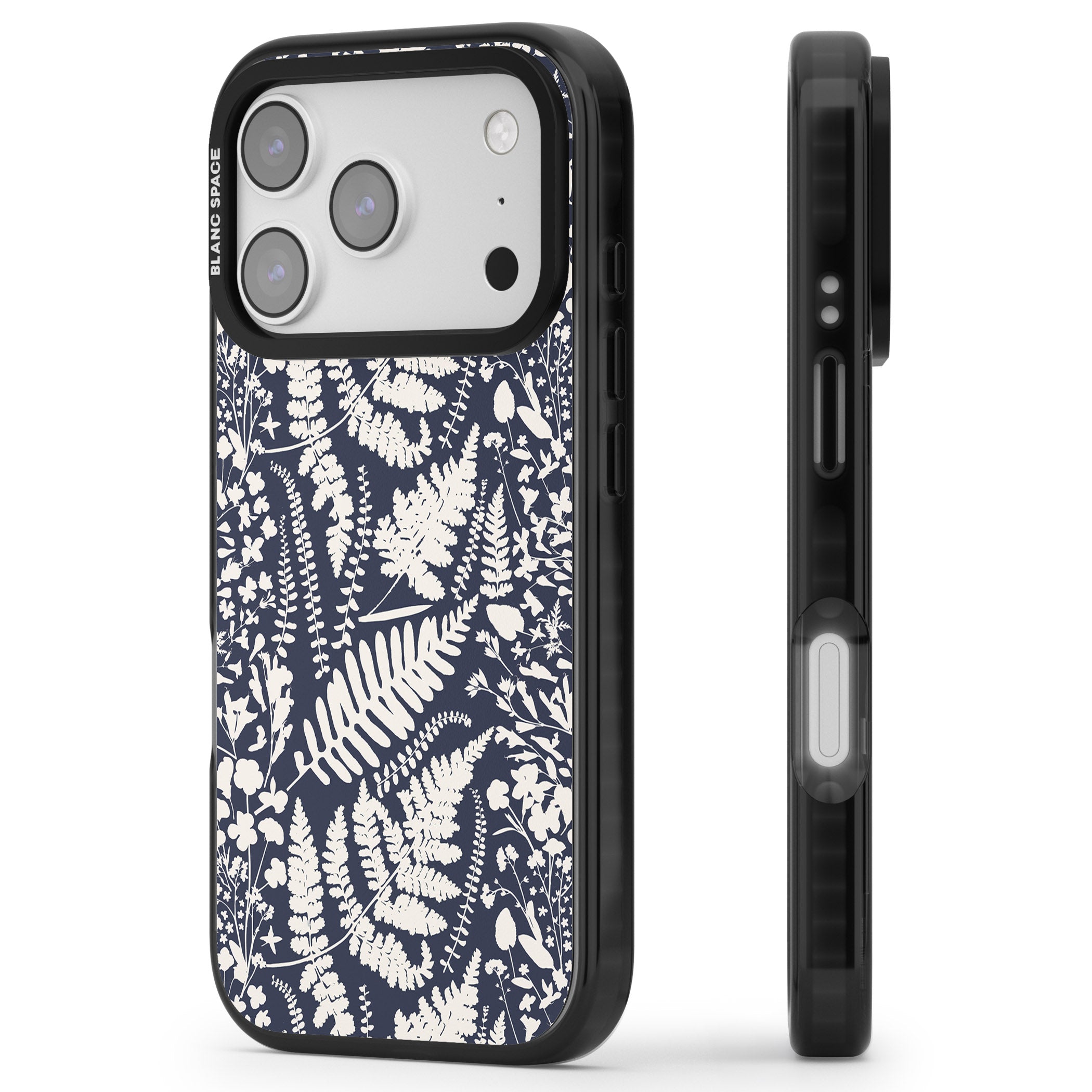 Wildflowers & Ferns On Navy iPhone 17 Pro Impact Black Phone Case Side Profile