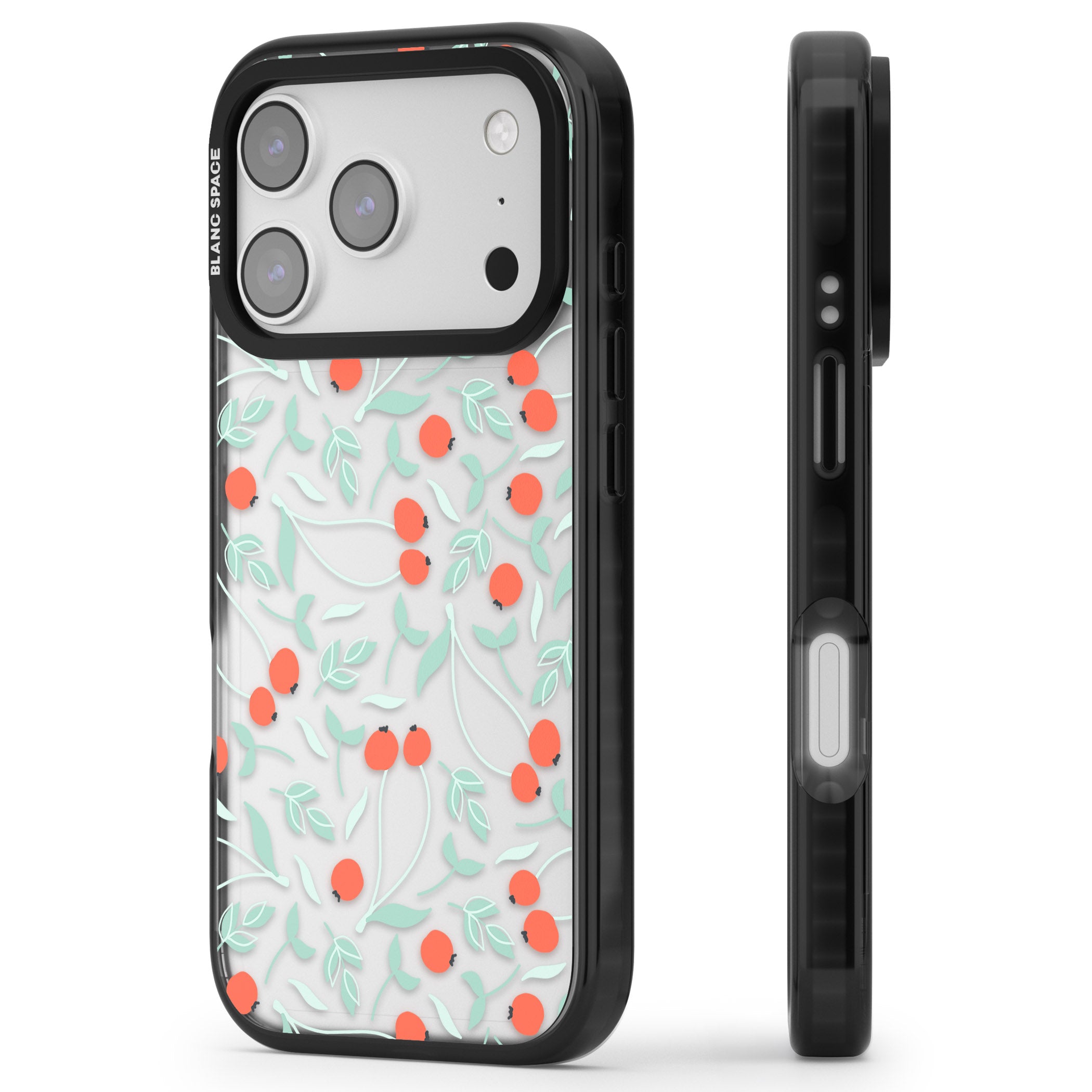 Red Berries Floral iPhone 17 Pro Impact Black Phone Case Side Profile