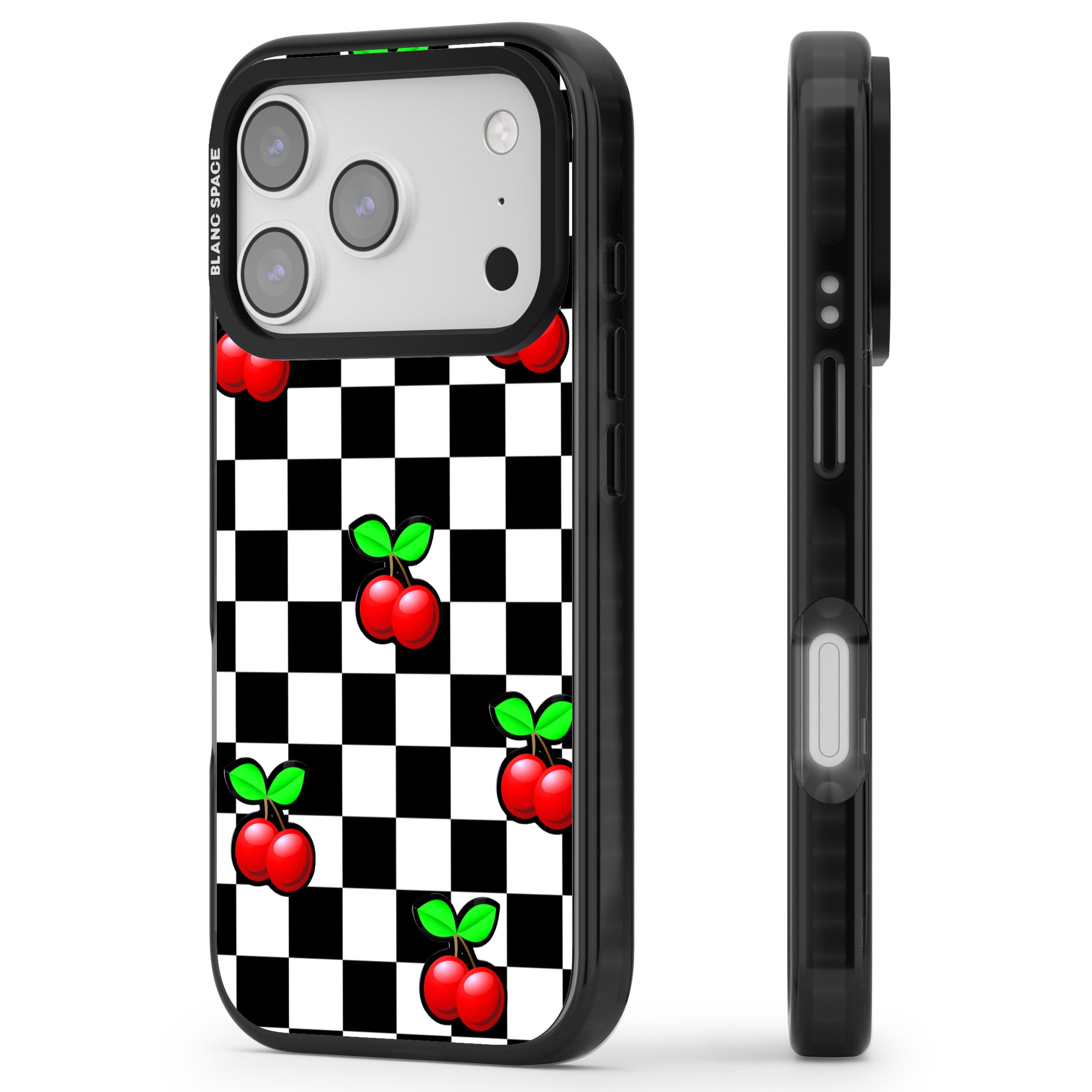 Checkered Cherry iPhone 17 Pro Impact Black Phone Case Side Profile