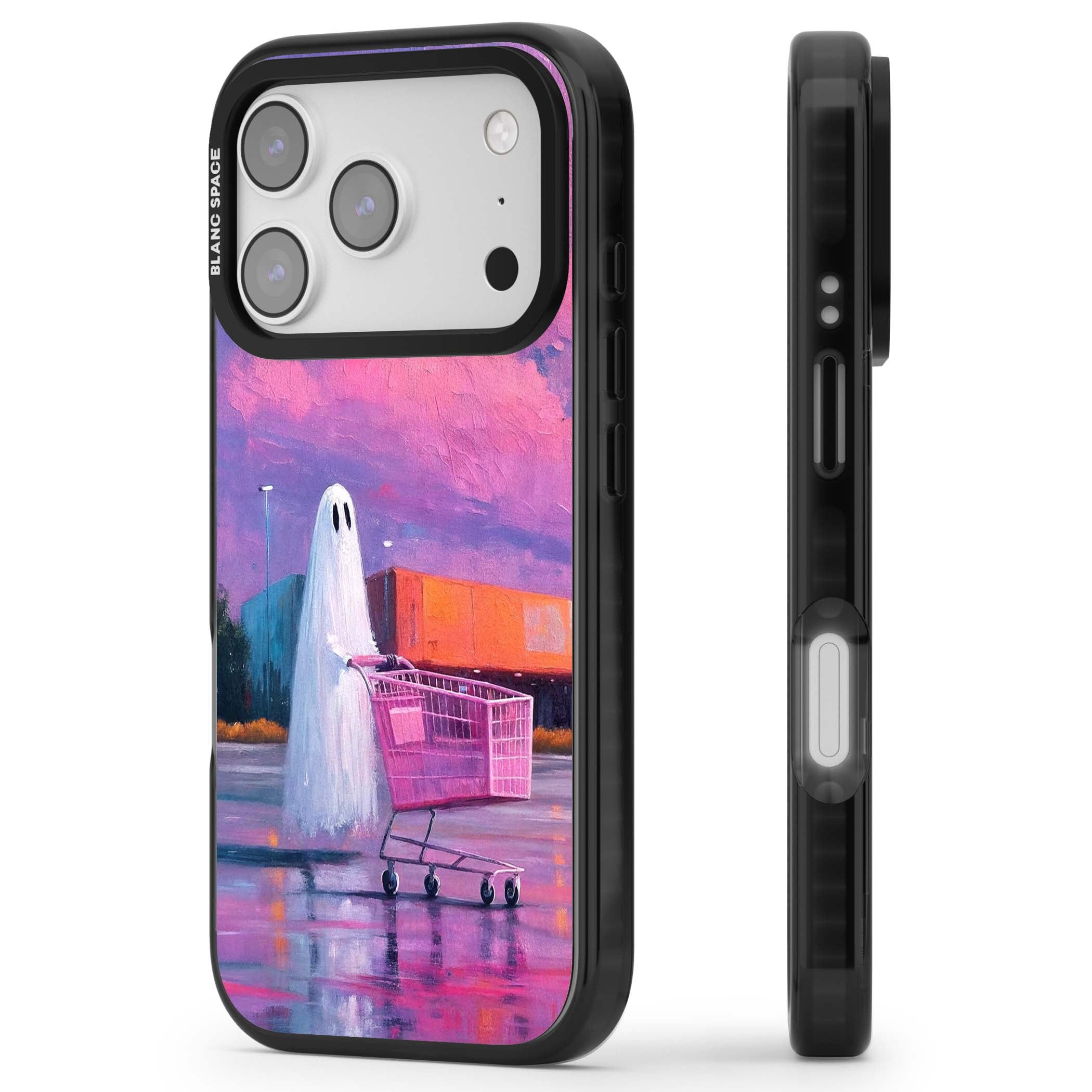 A Ghost's Errand ghost halloween iPhone case featuring a painted ghost, pink shopping trolley and purple sunset sky | Clear Impact case for iPhone 17 Pro, iPhone 17 Pro Max