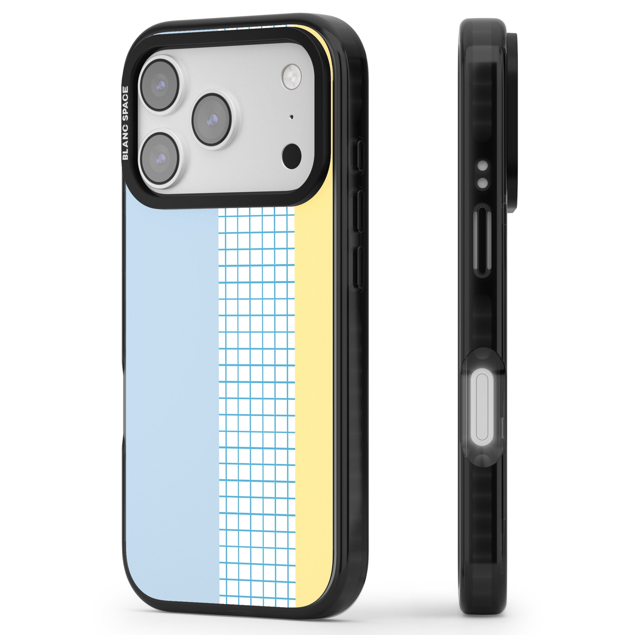 Abstract Grid Blue & Yellow iPhone 17 Pro Impact Black Phone Case Side Profile