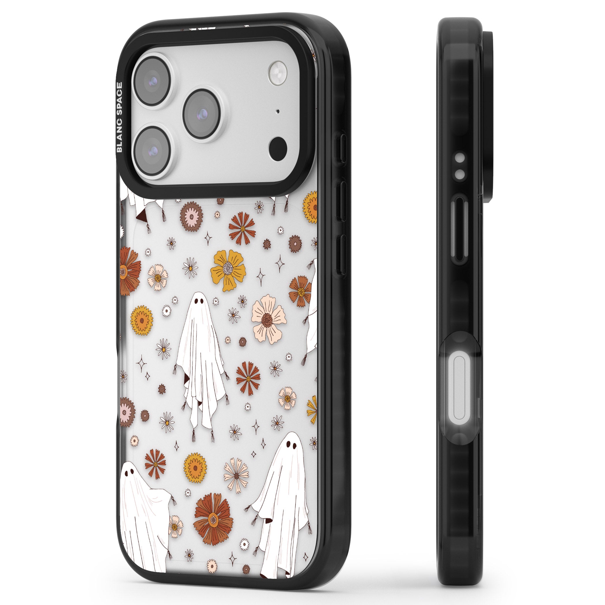 Halloween Ghosts And Flowers iPhone 17 Pro Impact Black Phone Case Side Profile