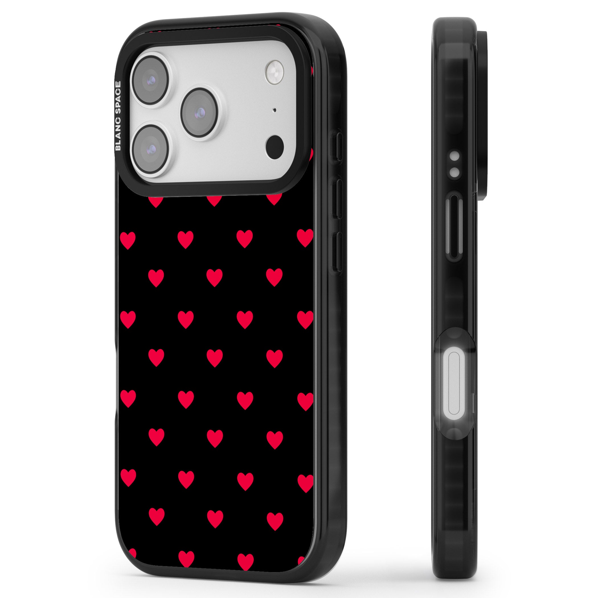 Small Heart Pattern: Red & iPhone 17 Pro Impact Black Phone Case Side Profile