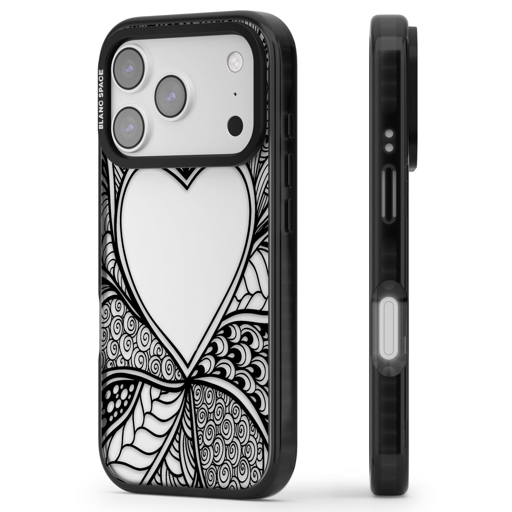 Black Henna Heart iPhone 17 Pro Impact Black Phone Case Side Profile