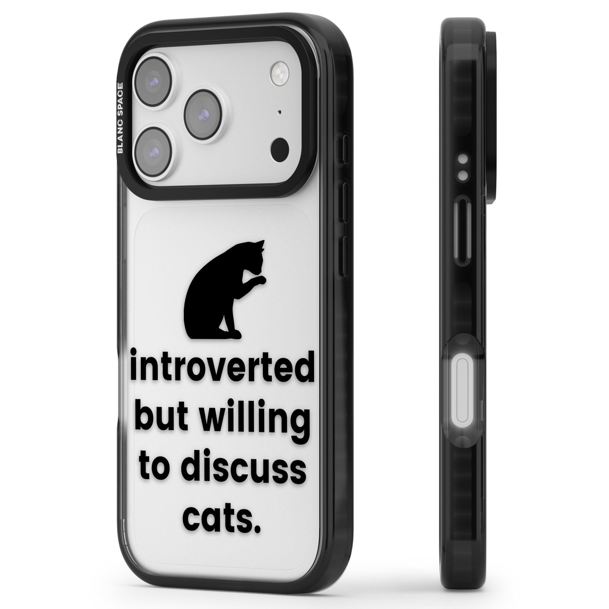 Introverted But Willing To Discuss Cats iPhone 17 Pro Impact Black Phone Case Side Profile