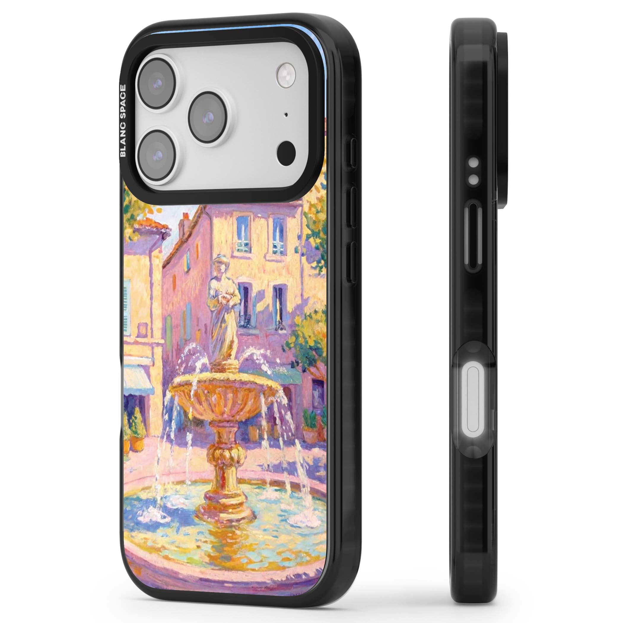 Fountain Square fine art iPhone case featuring an impressionist Provençal fountain, pastel village buildings and summe | Clear Impact case for iPhone 17 Pro, iPhone 17 Pro Max