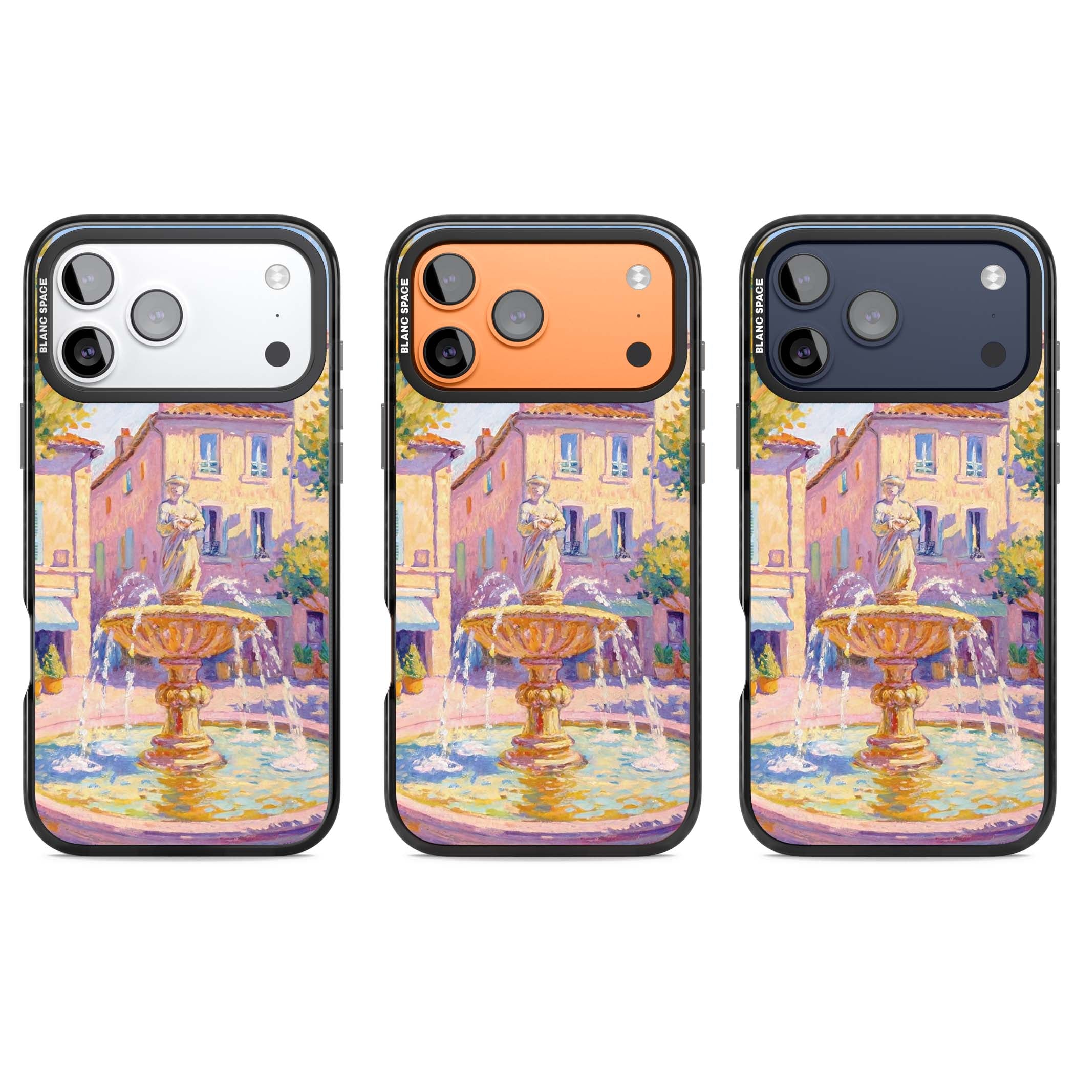 Fountain Square fine art iPhone case featuring an impressionist Provençal fountain, pastel village buildings and summe | Clear Impact case for iPhone 17 Pro, iPhone 17 Pro Max
