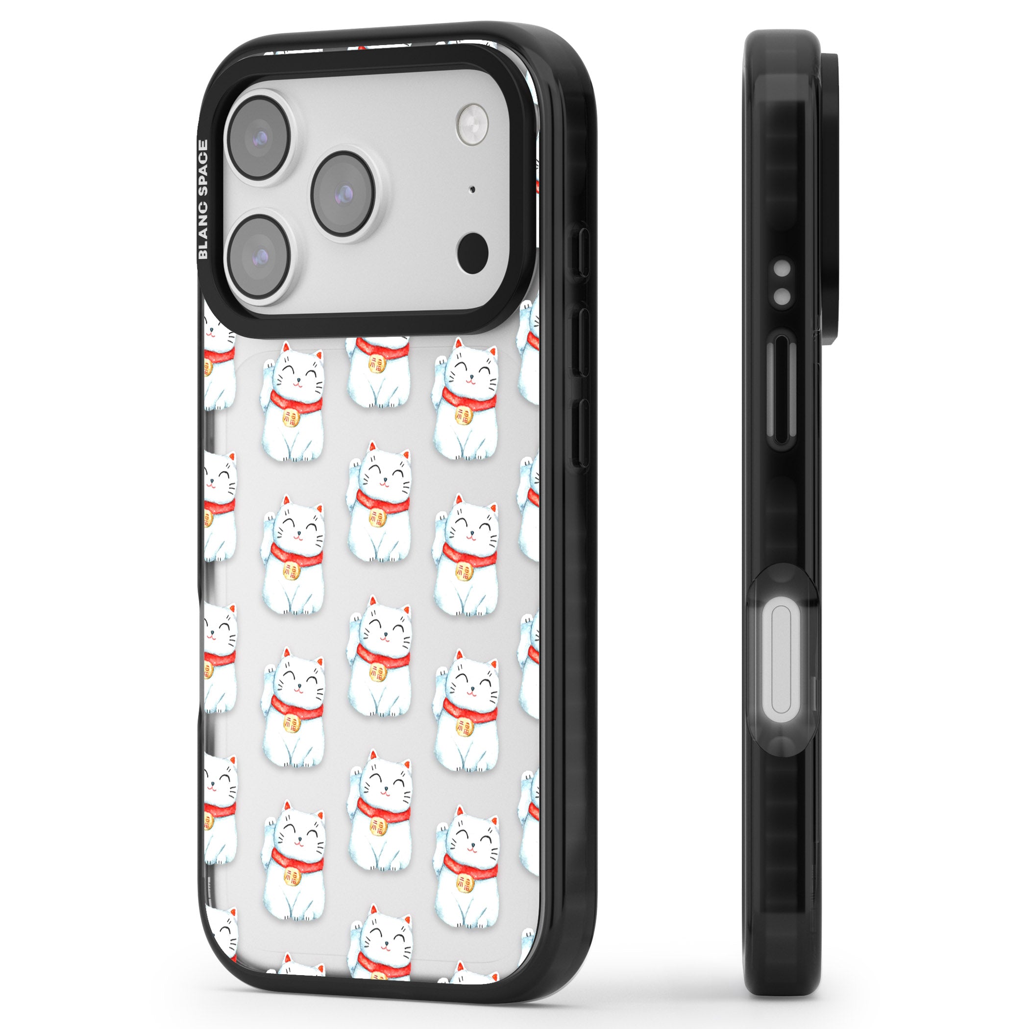 Lucky Cat Pattern iPhone 17 Pro Max Impact Black Phone Case Side Profile