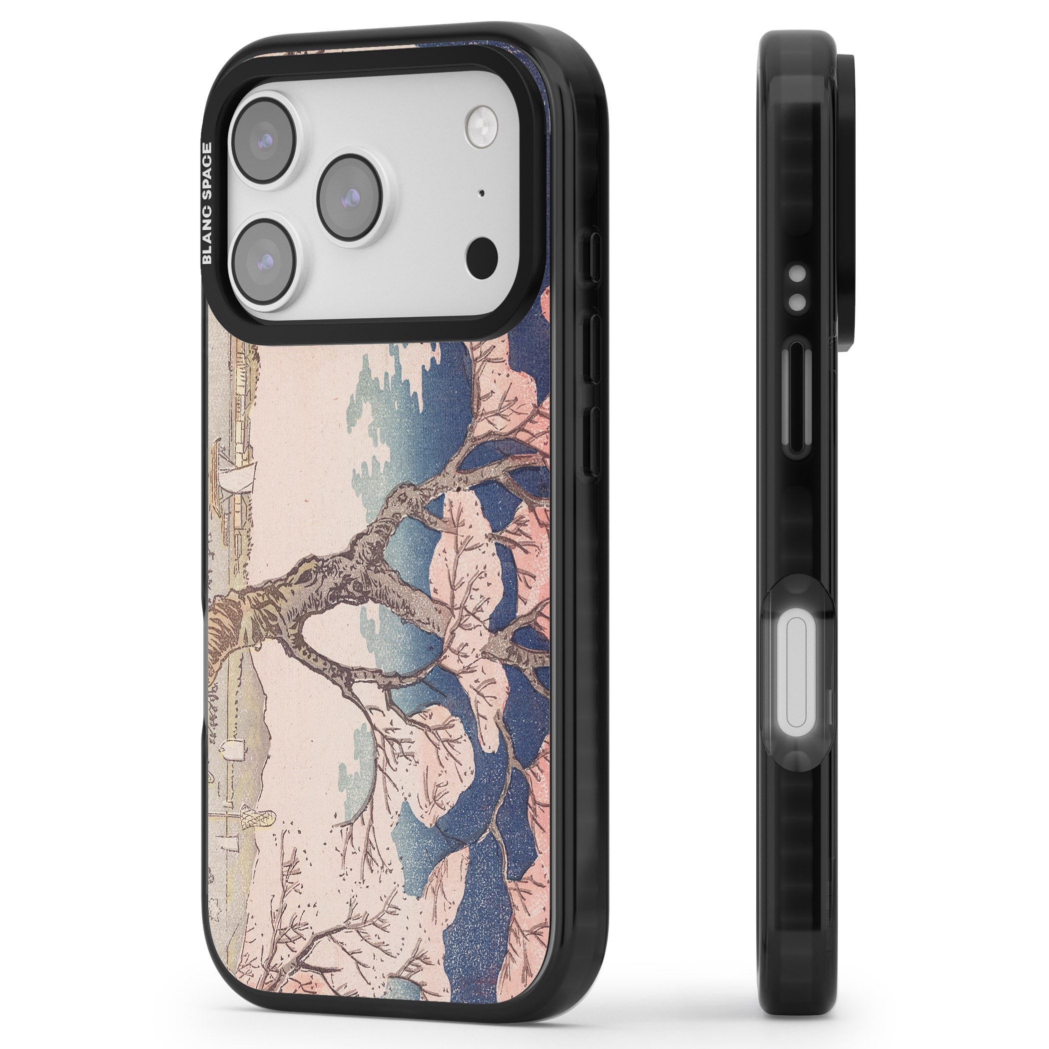 Vintage Japanese Illustrations Cherry Tree iPhone 17 Pro Impact Black Phone Case Side Profile