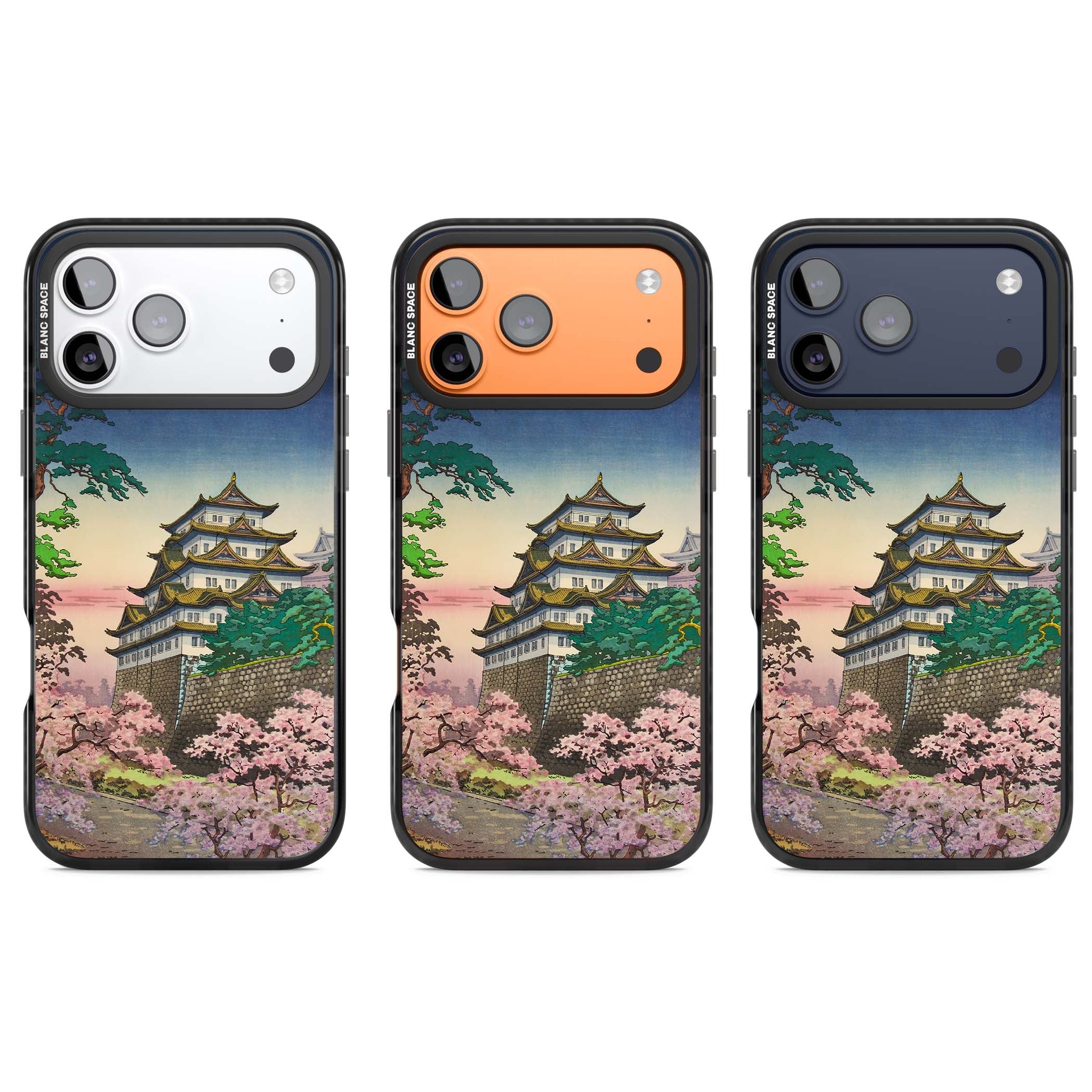 Nagoya Castle Japanese iPhone case featuring a vintage pagoda, twilight sky and cherry blossom trees | Clear Impact case for iPhone 17 Pro, iPhone 17 Pro Max