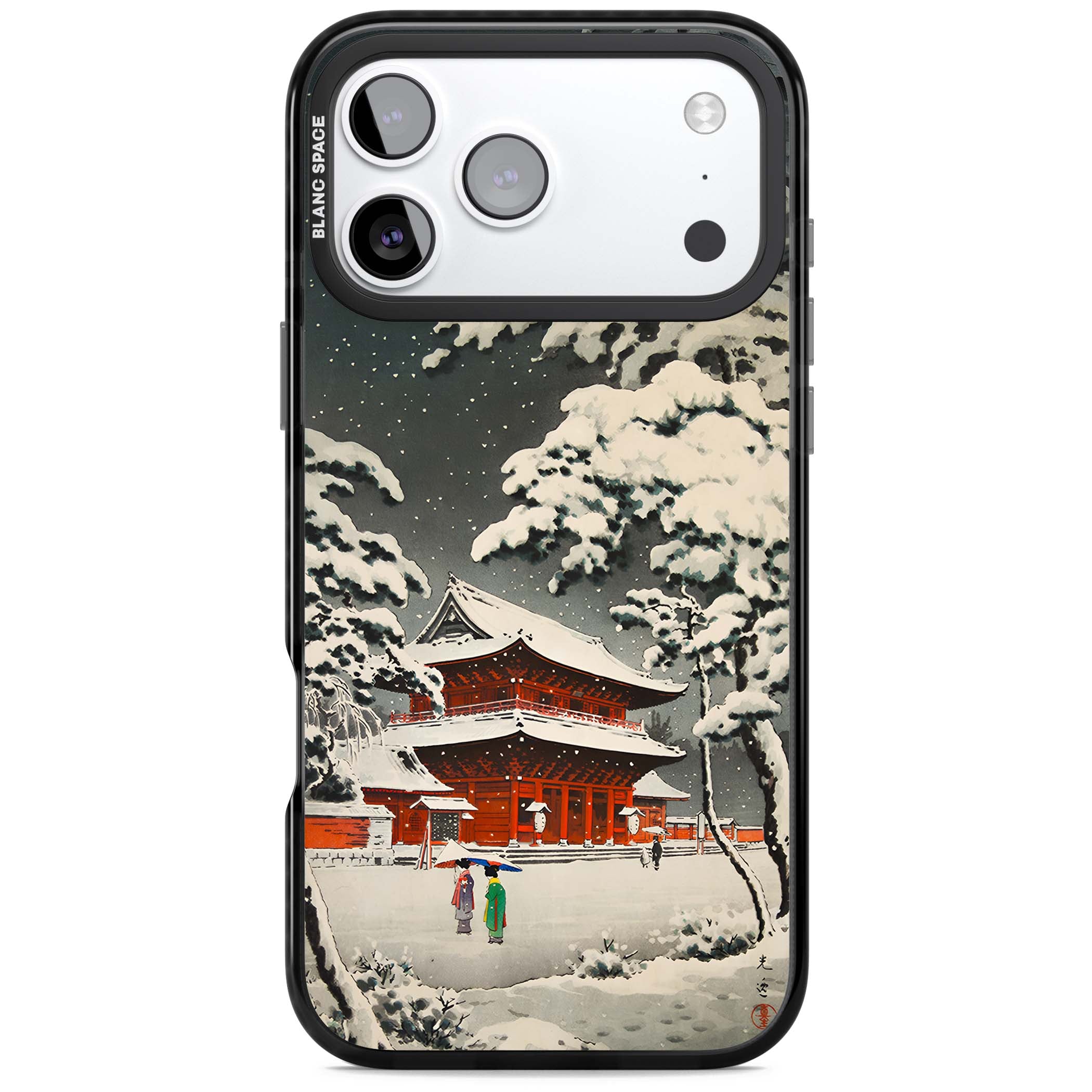Snow at Shiha Park, Tokyo Japanese art iPhone case featuring a vintage ukiyo-e snowy temple, red pagoda, and snow-covered pin | Clear Impact case for iPhone 17 Pro, iPhone 17 Pro Max