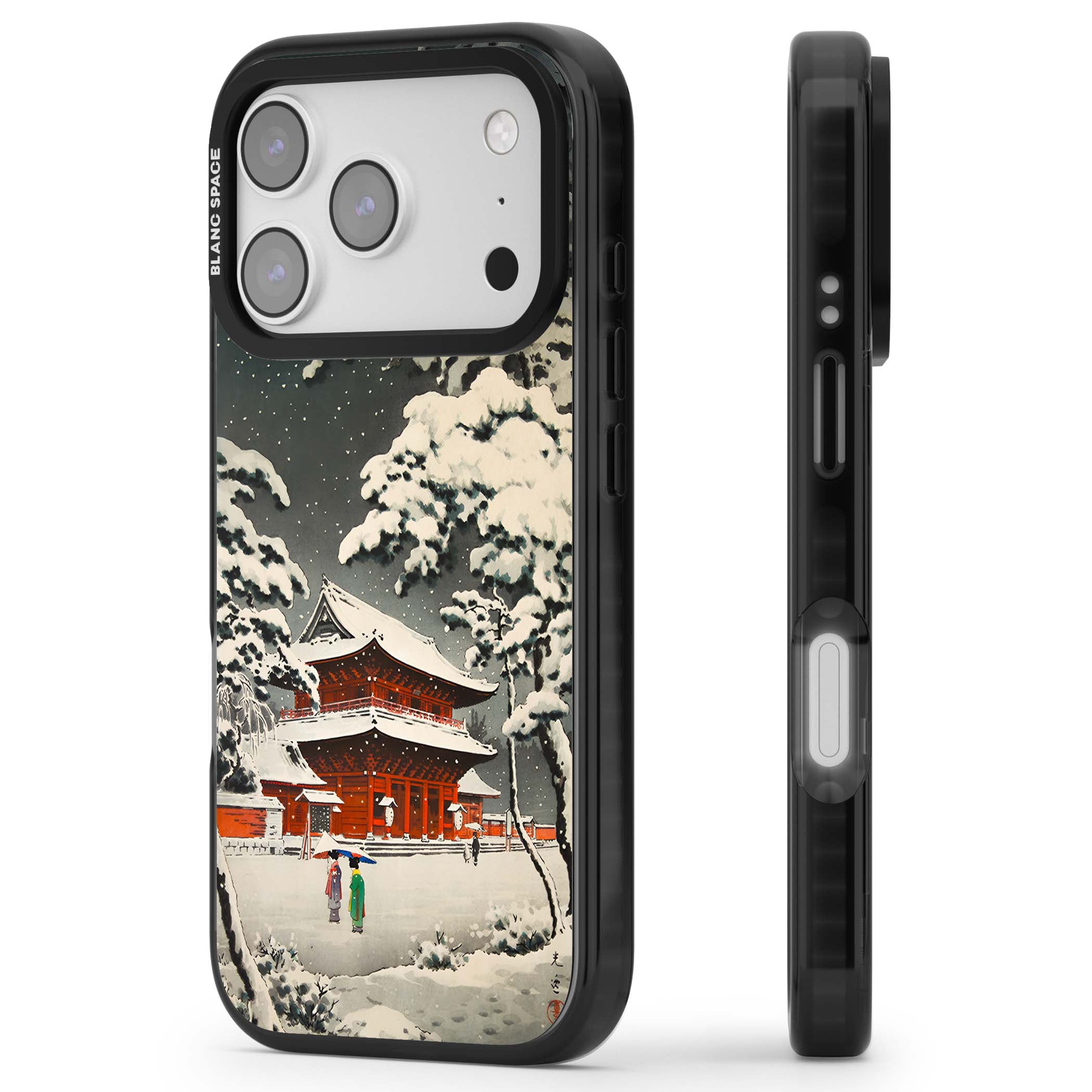 Snow at Shiha Park, Tokyo Japanese art iPhone case featuring a vintage ukiyo-e snowy temple, red pagoda, and snow-covered pin | Clear Impact case for iPhone 17 Pro, iPhone 17 Pro Max