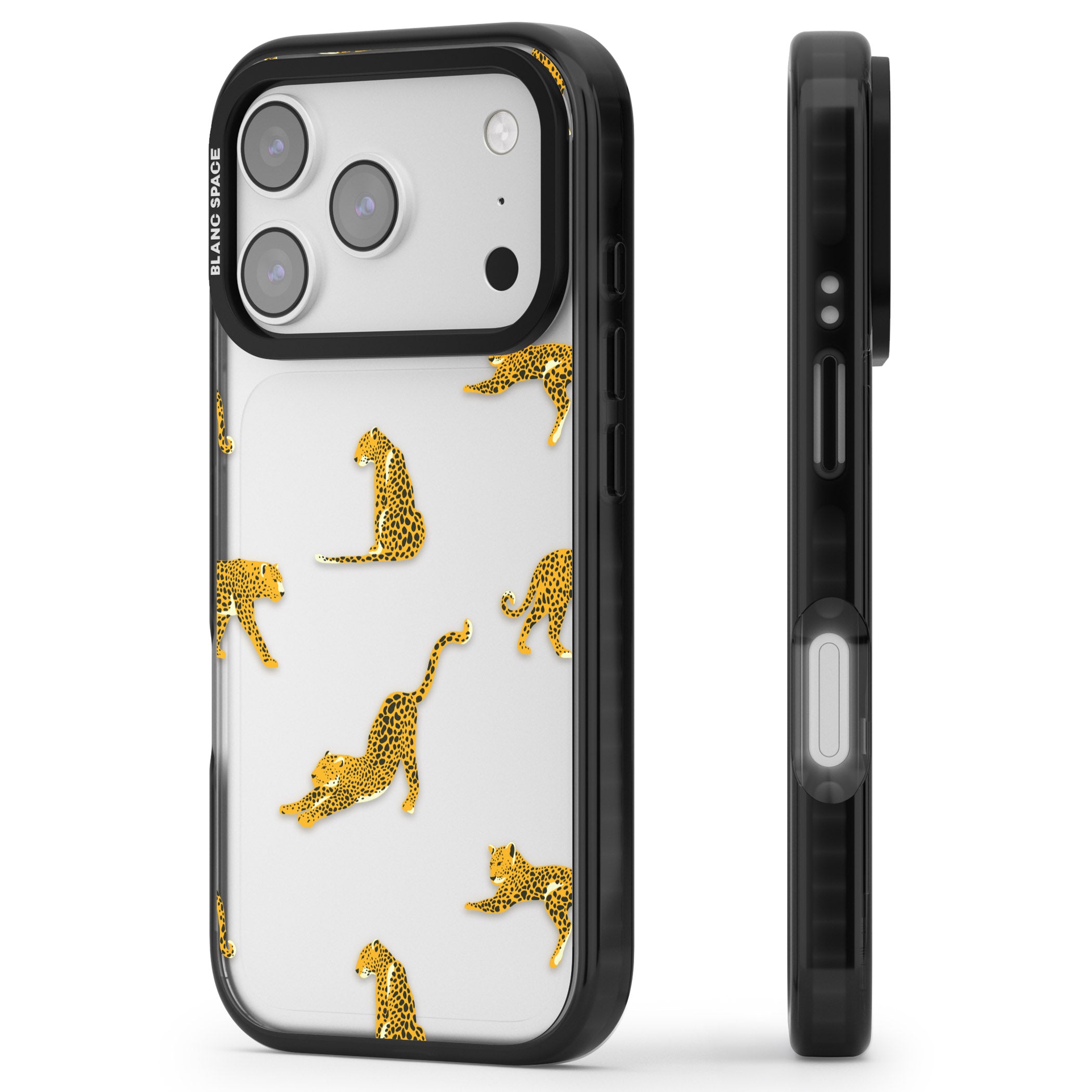 Leopard Spots iPhone 17 Pro Impact Black Phone Case Side Profile