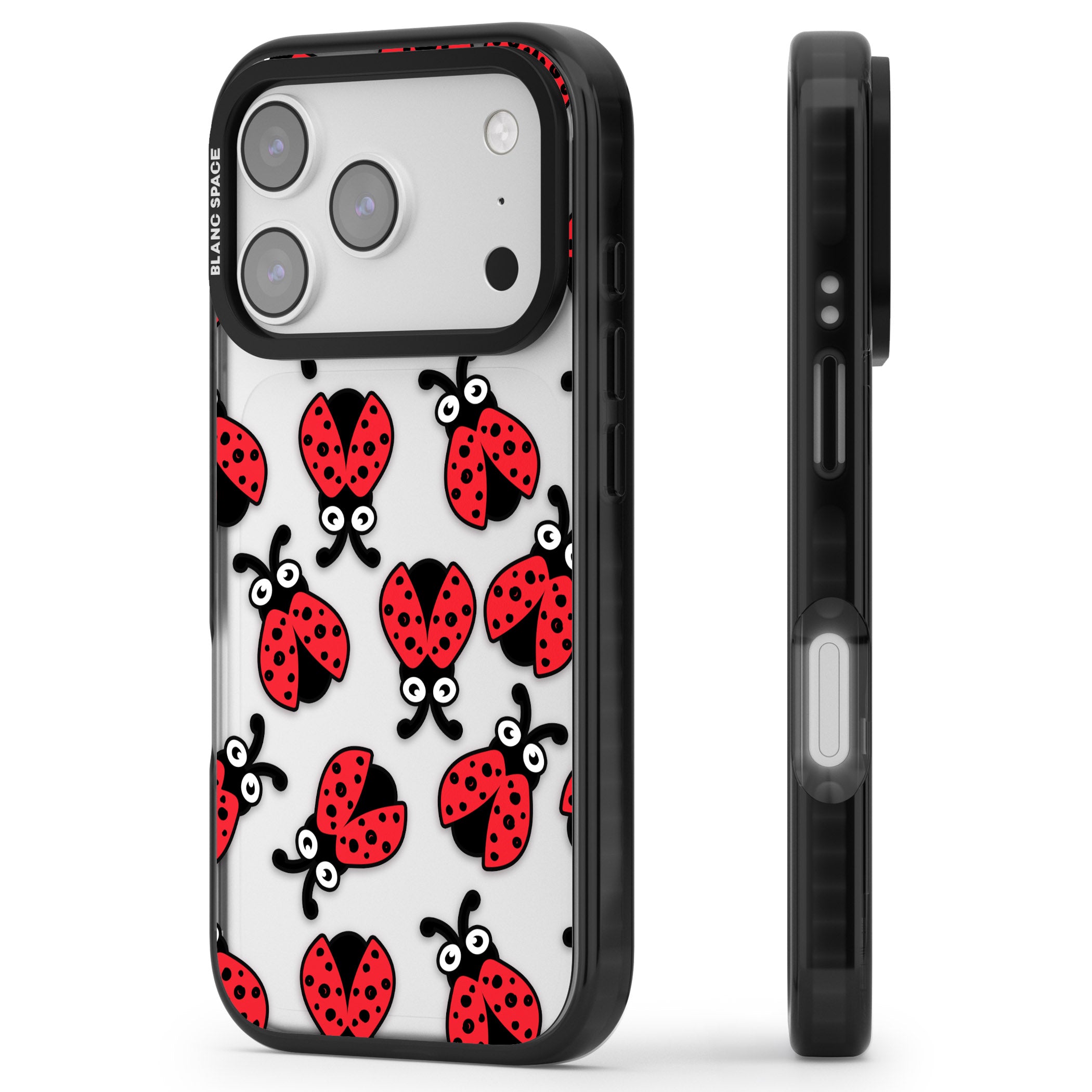 Ladybug Pattern iPhone 17 Pro Impact Black Phone Case Side Profile