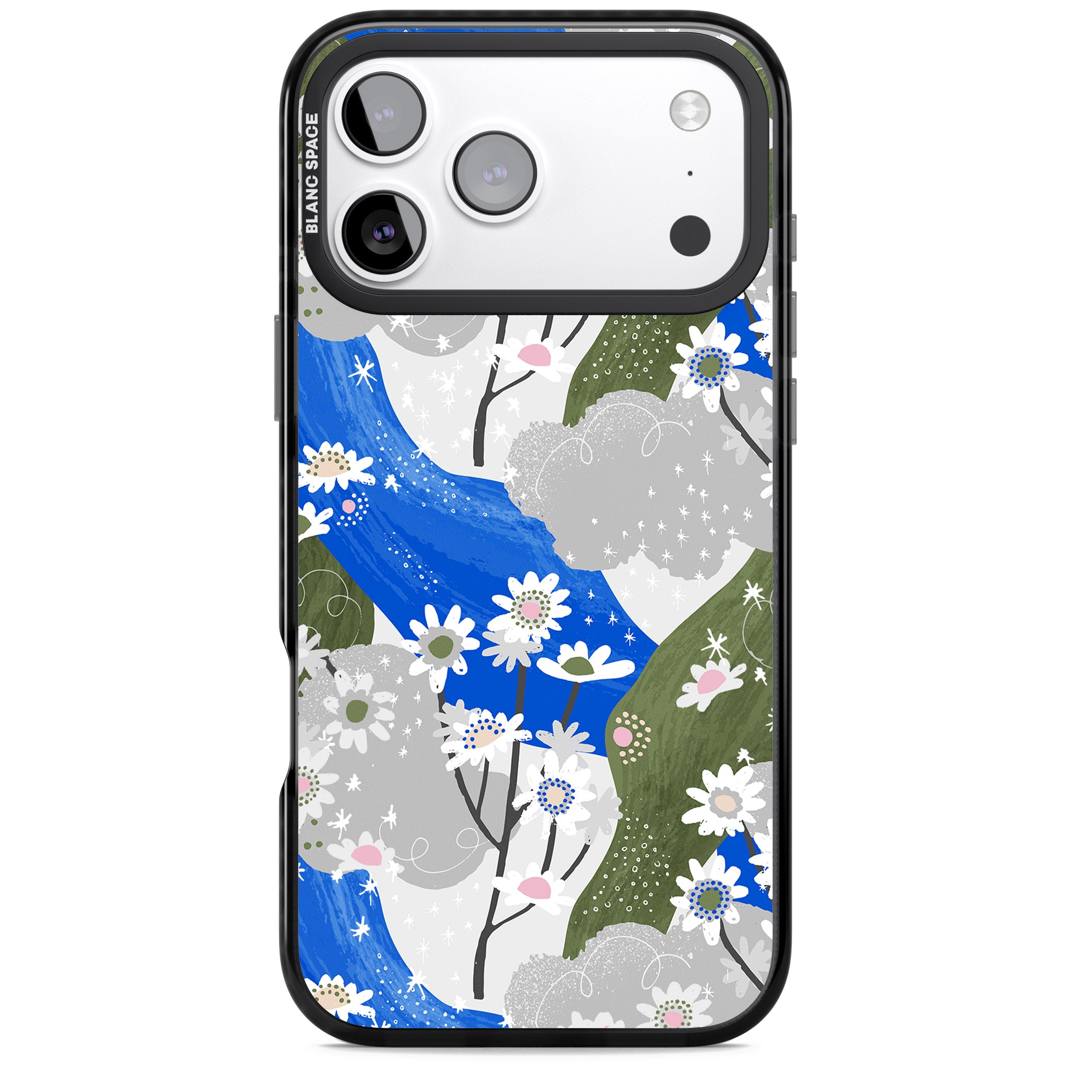 Blue & Grey Daisies Pattern iPhone 17 Pro Impact Pro Black Phone Case