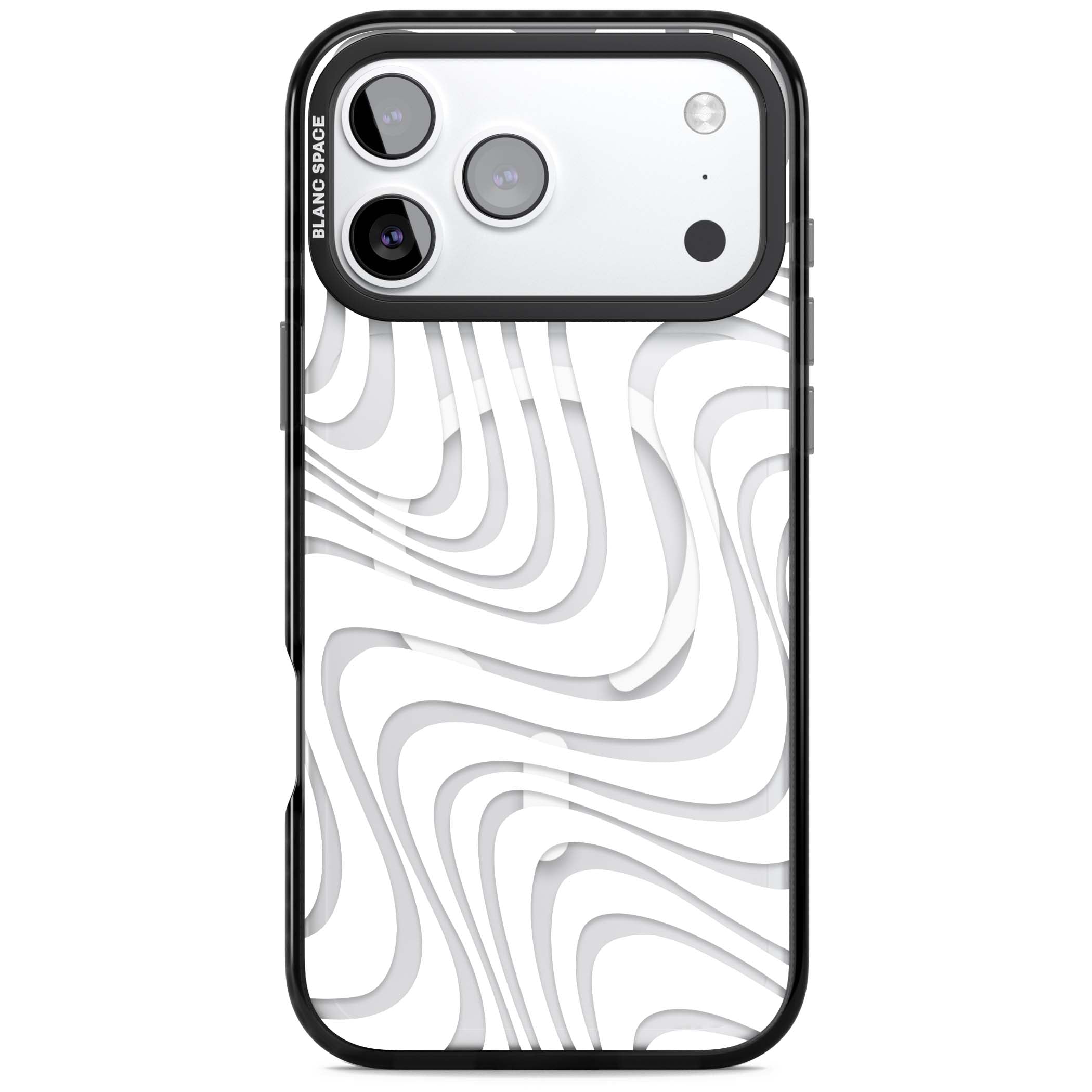 White Abstract Waves abstract iPhone case featuring flowing grey wave pattern on clear background | Black Impact Magsafe case for iPhone 17 Pro, iPhone 17 Pro Max