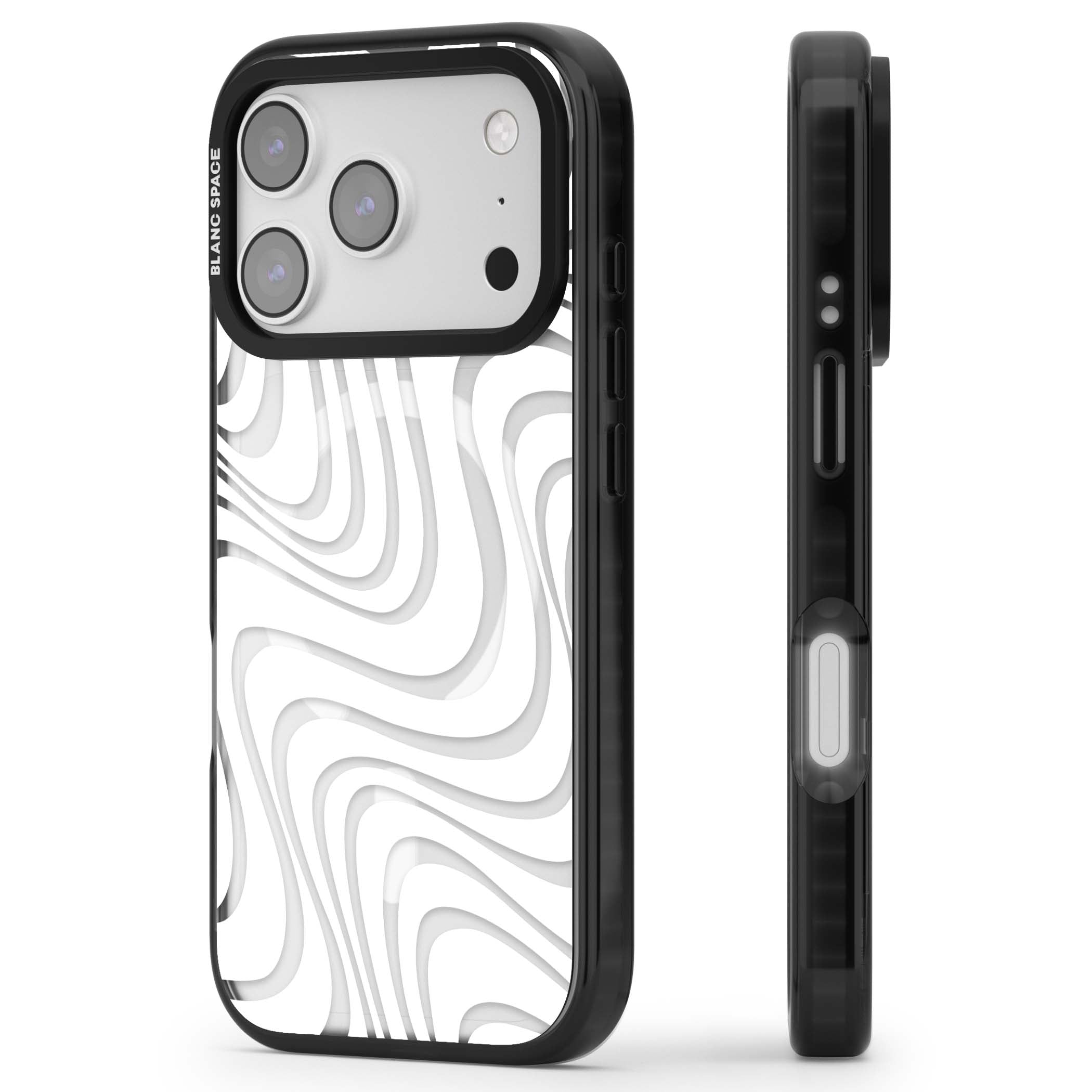 White Abstract Waves abstract iPhone case featuring flowing grey wave pattern on clear background | Black Impact Magsafe case for iPhone 17 Pro, iPhone 17 Pro Max
