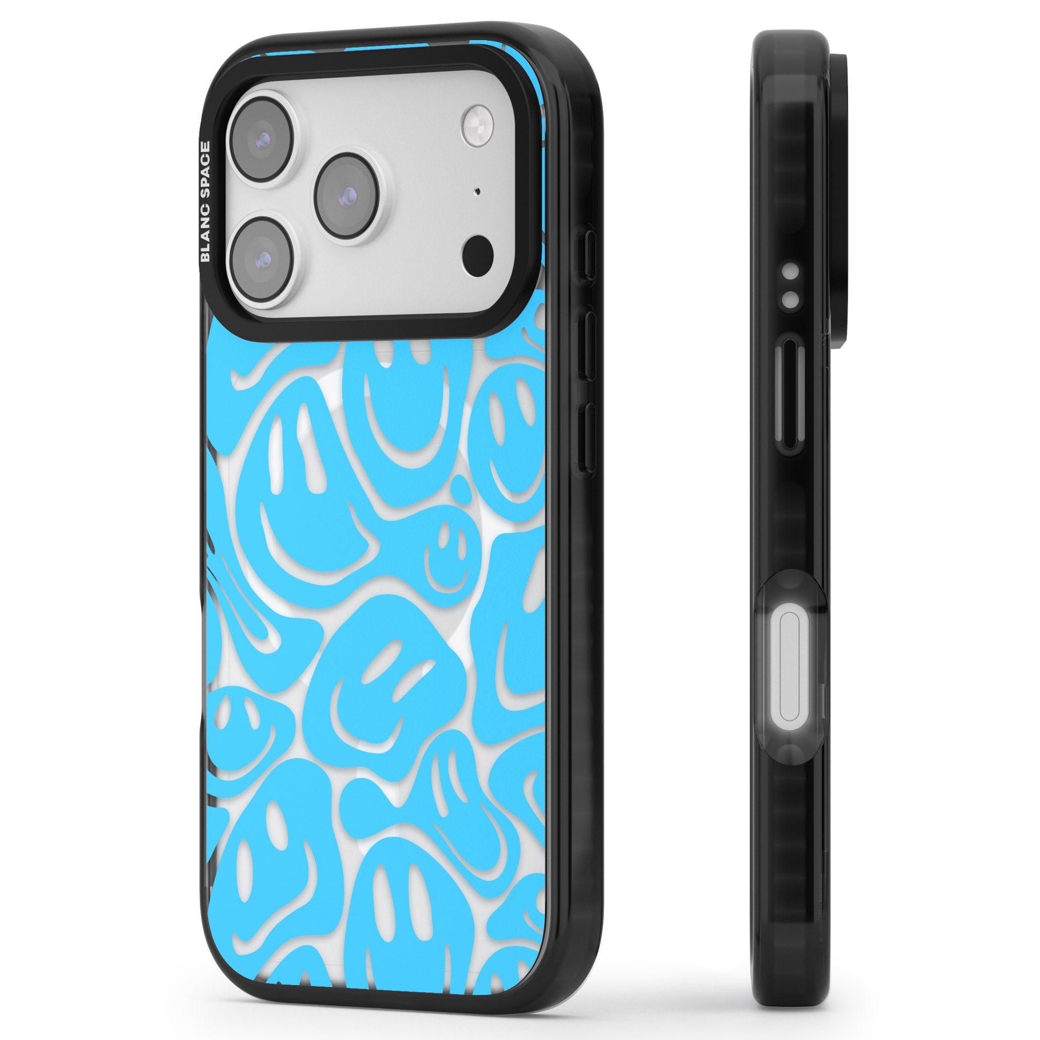 Blue Acid Faces iPhone 17 Pro Impact Pro Black Phone Case Side Profile