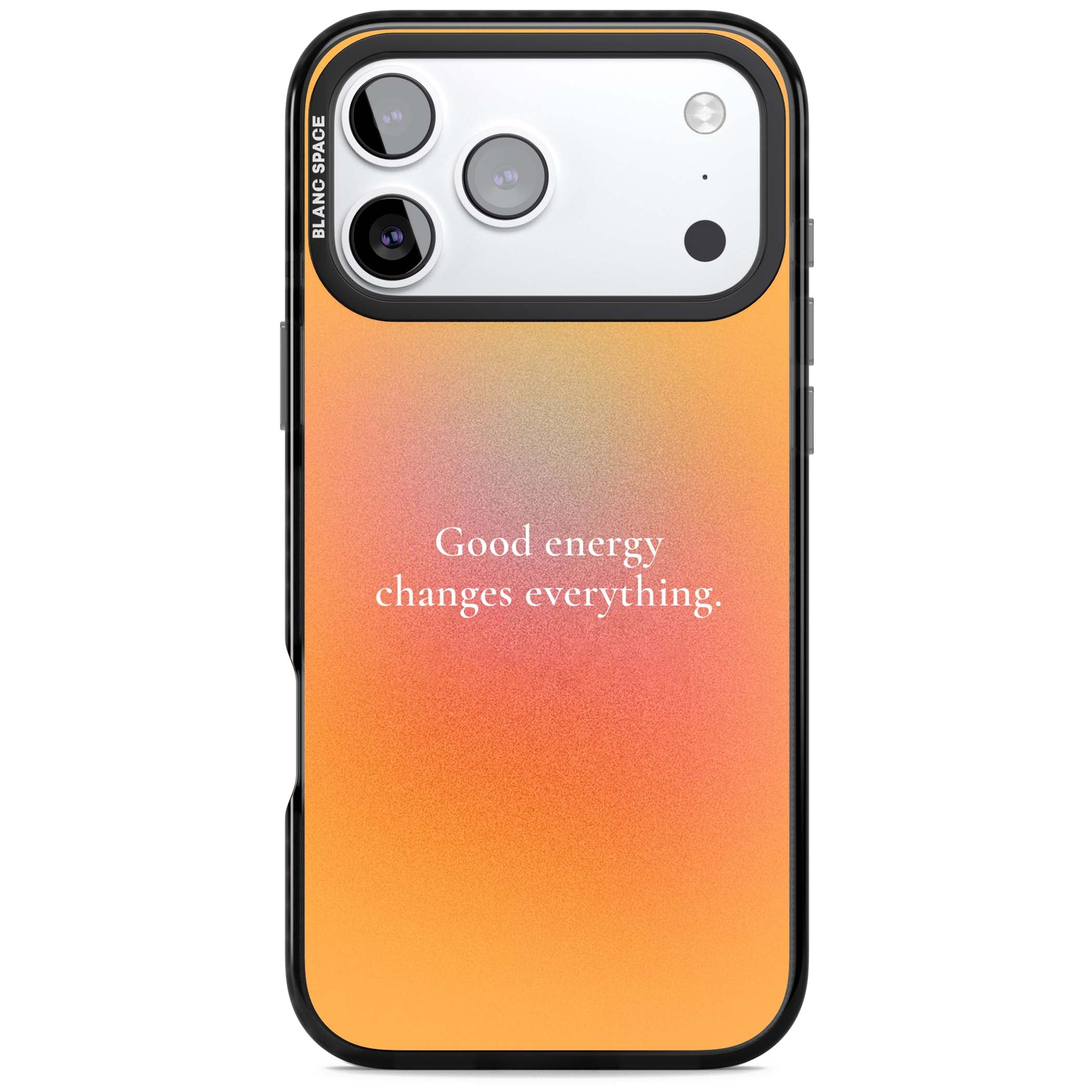 Good Energy quote iPhone case featuring an orange and pink aura gradient with white serif affirmation text | Black Impact Magsafe case for iPhone 17 Pro, iPhone 17 Pro Max
