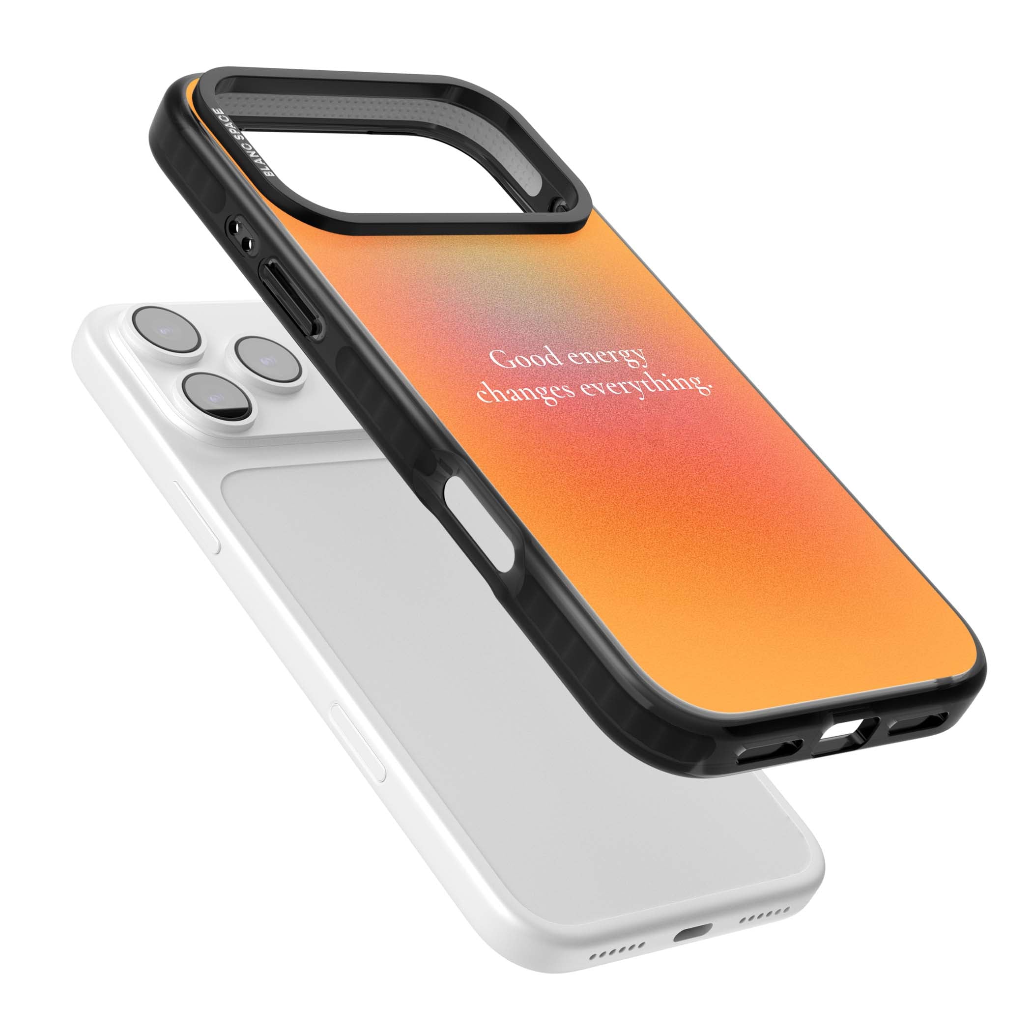 Good Energy quote iPhone case featuring an orange and pink aura gradient with white serif affirmation text | Black Impact Magsafe case for iPhone 17 Pro, iPhone 17 Pro Max