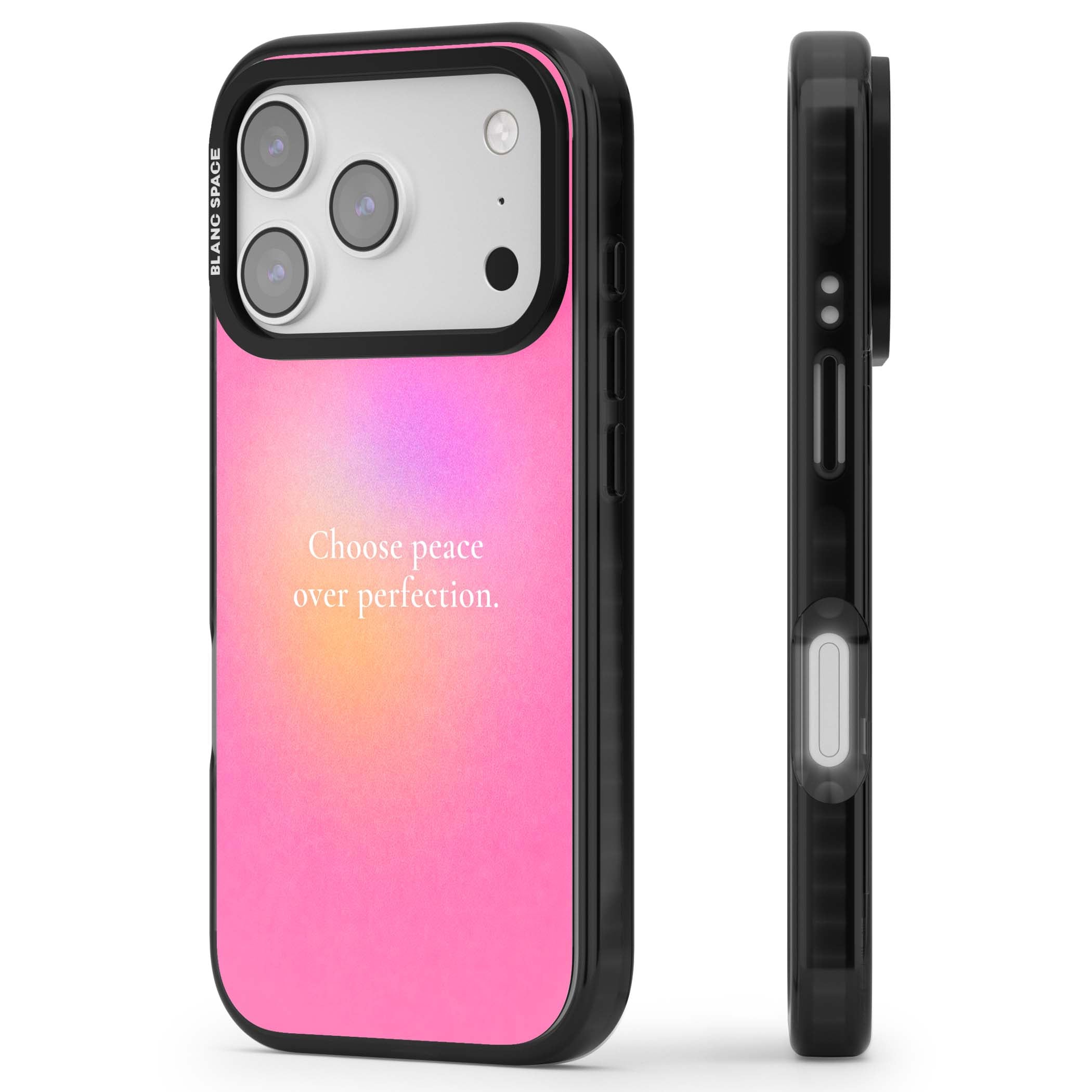 Peace Over Perfection quote iPhone case featuring a dreamy pink aura gradient and delicate white affirmation text | Black Impact Magsafe case for iPhone 17 Pro, iPhone 17 Pro Max