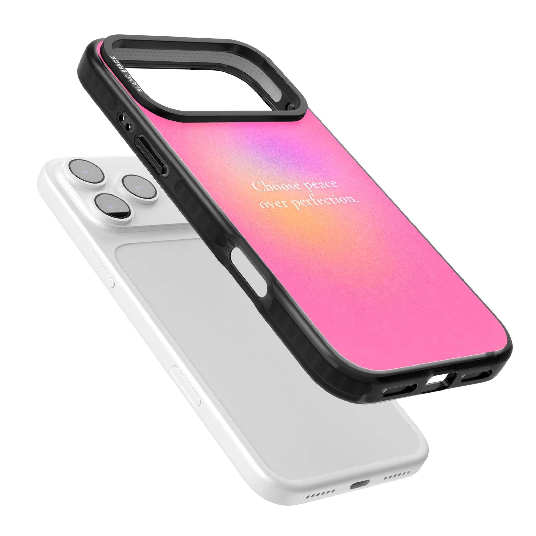 Peace Over Perfection quote iPhone case featuring a dreamy pink aura gradient and delicate white affirmation text | Black Impact Magsafe case for iPhone 17 Pro, iPhone 17 Pro Max