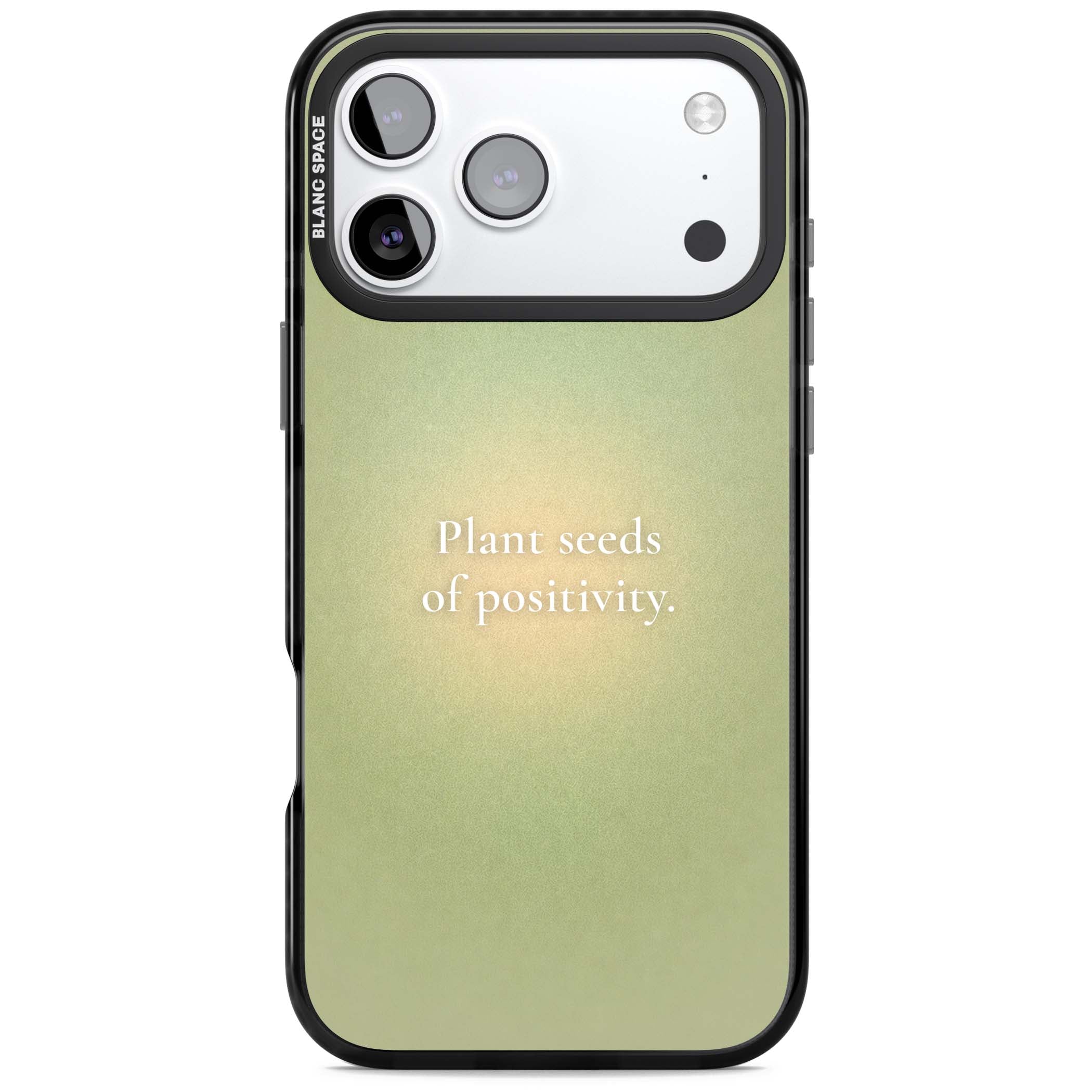 Seeds of Positivity quote iPhone case featuring a sage green aura gradient and golden glow affirmation | Black Impact Magsafe case for iPhone 17 Pro, iPhone 17 Pro Max