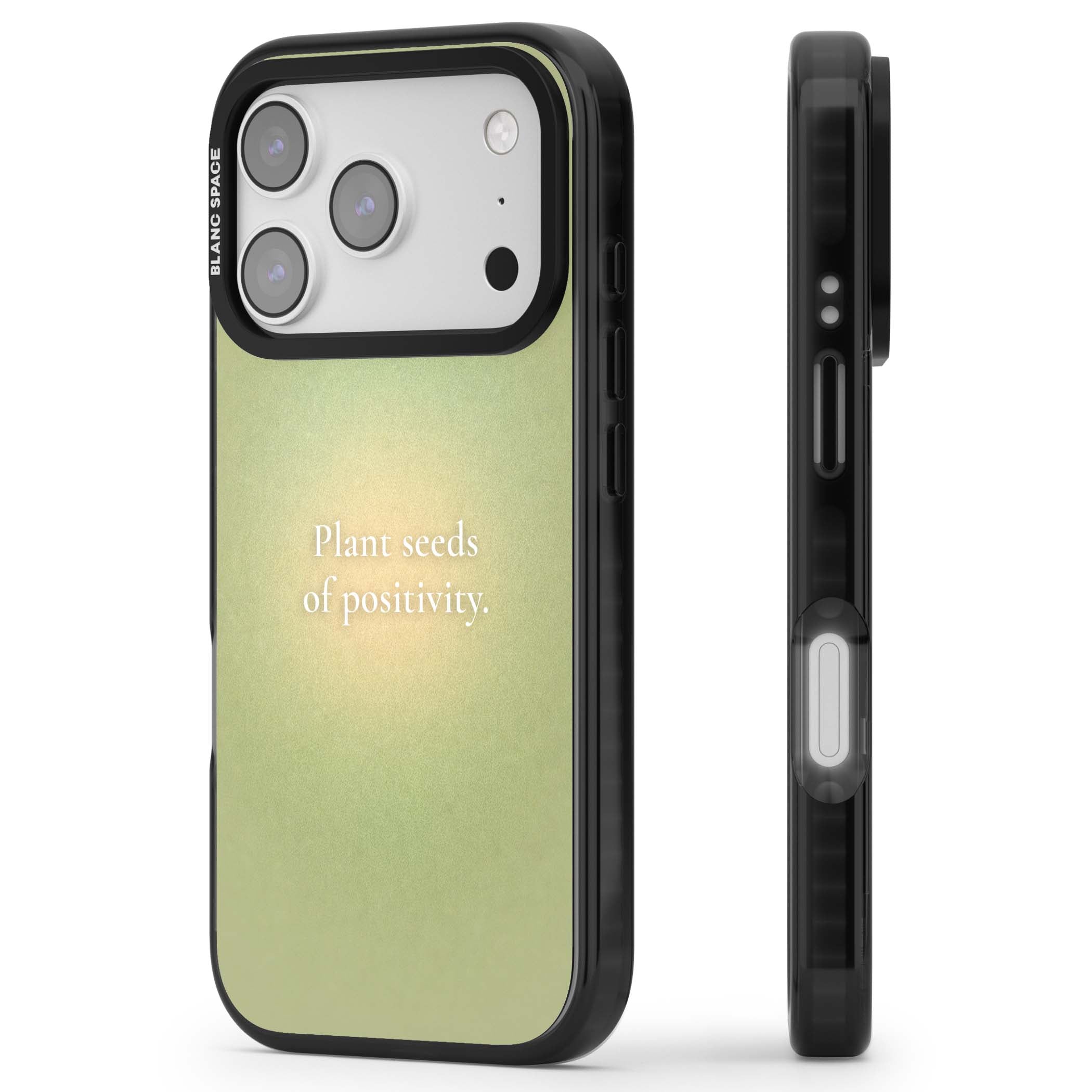 Seeds of Positivity quote iPhone case featuring a sage green aura gradient and golden glow affirmation | Black Impact Magsafe case for iPhone 17 Pro, iPhone 17 Pro Max