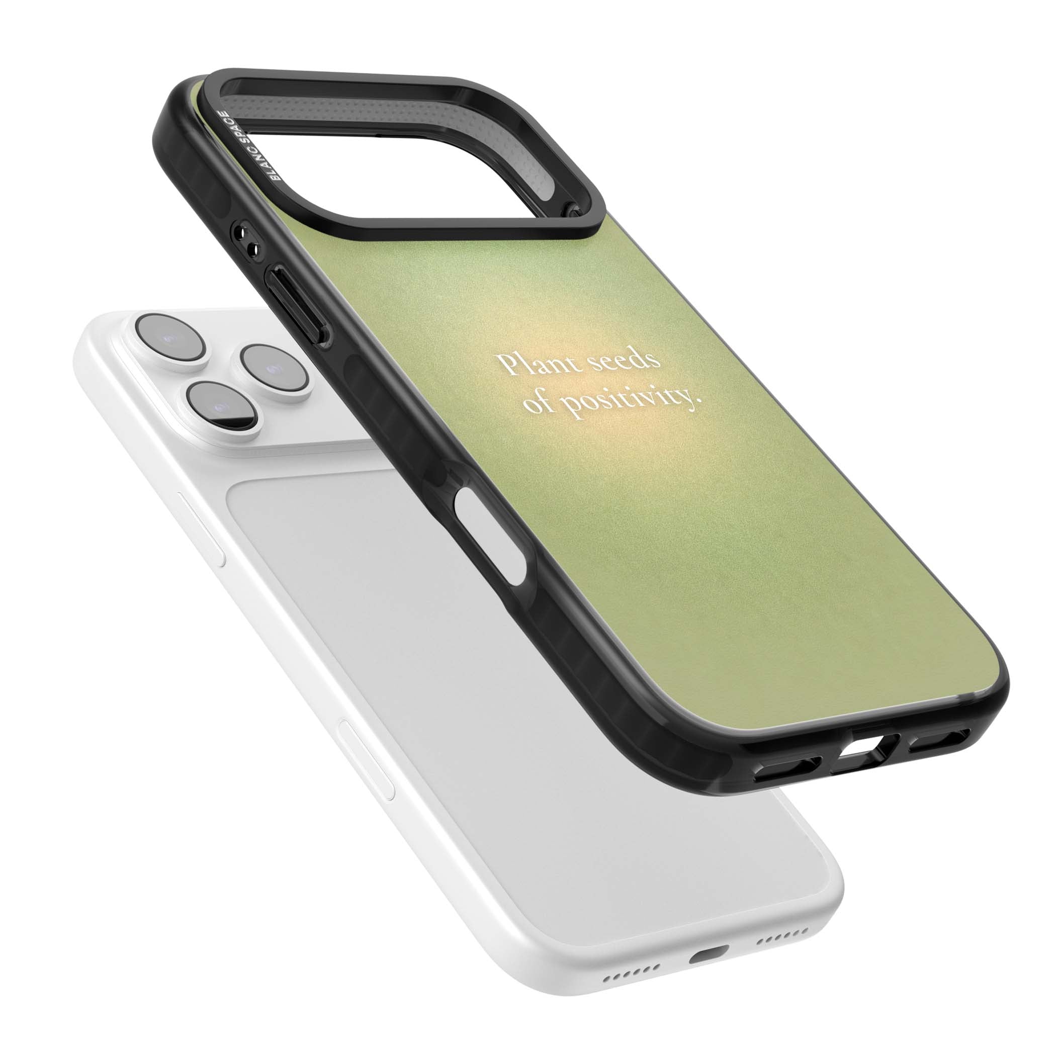 Seeds of Positivity quote iPhone case featuring a sage green aura gradient and golden glow affirmation | Black Impact Magsafe case for iPhone 17 Pro, iPhone 17 Pro Max