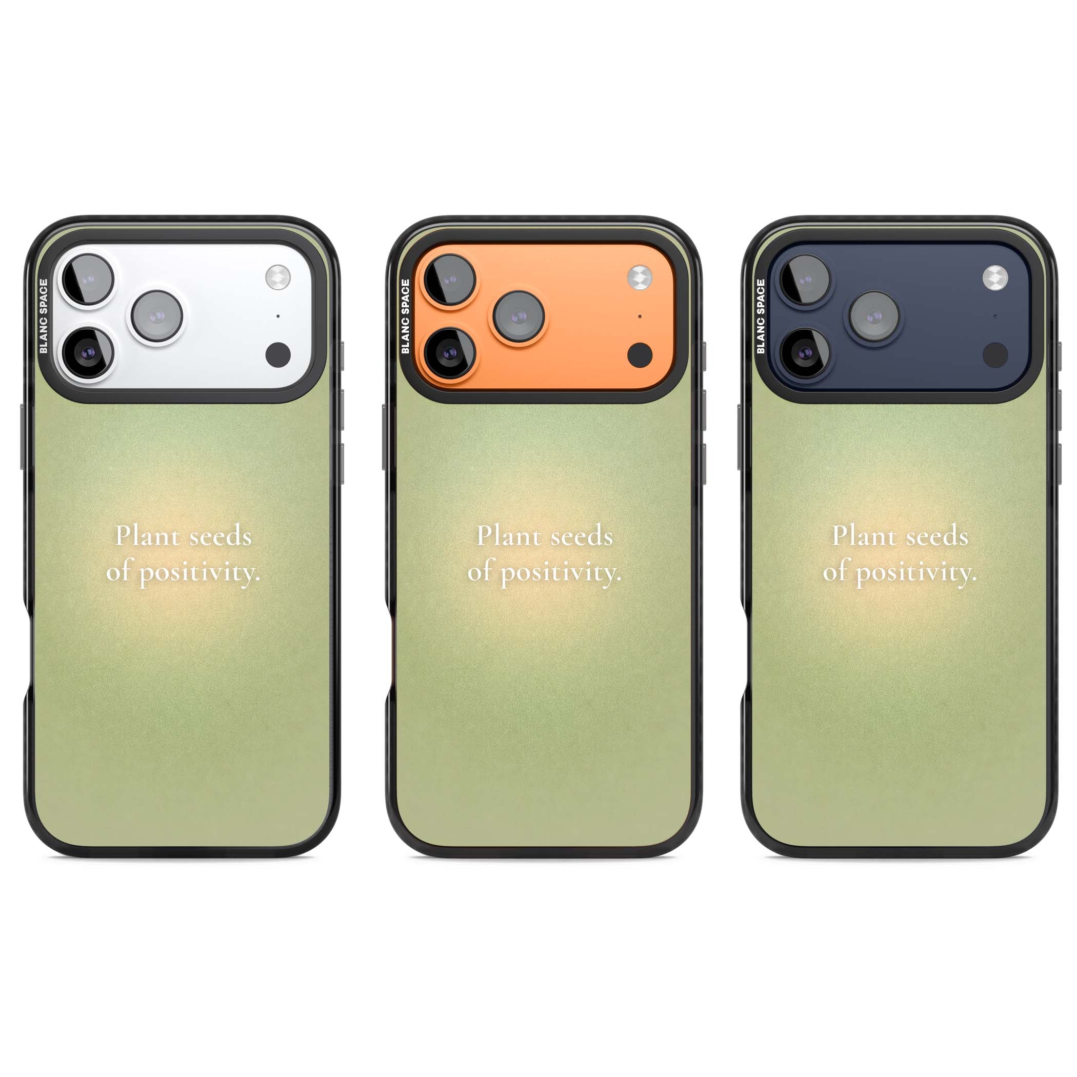 Seeds of Positivity quote iPhone case featuring a sage green aura gradient and golden glow affirmation | Black Impact Magsafe case for iPhone 17 Pro, iPhone 17 Pro Max
