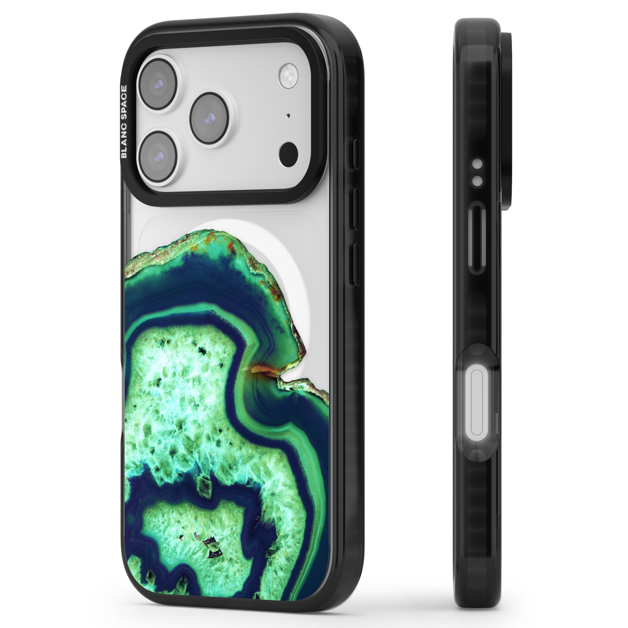 Emerald Agate Slice iPhone 17 Pro Impact Pro Black Phone Case Side Profile