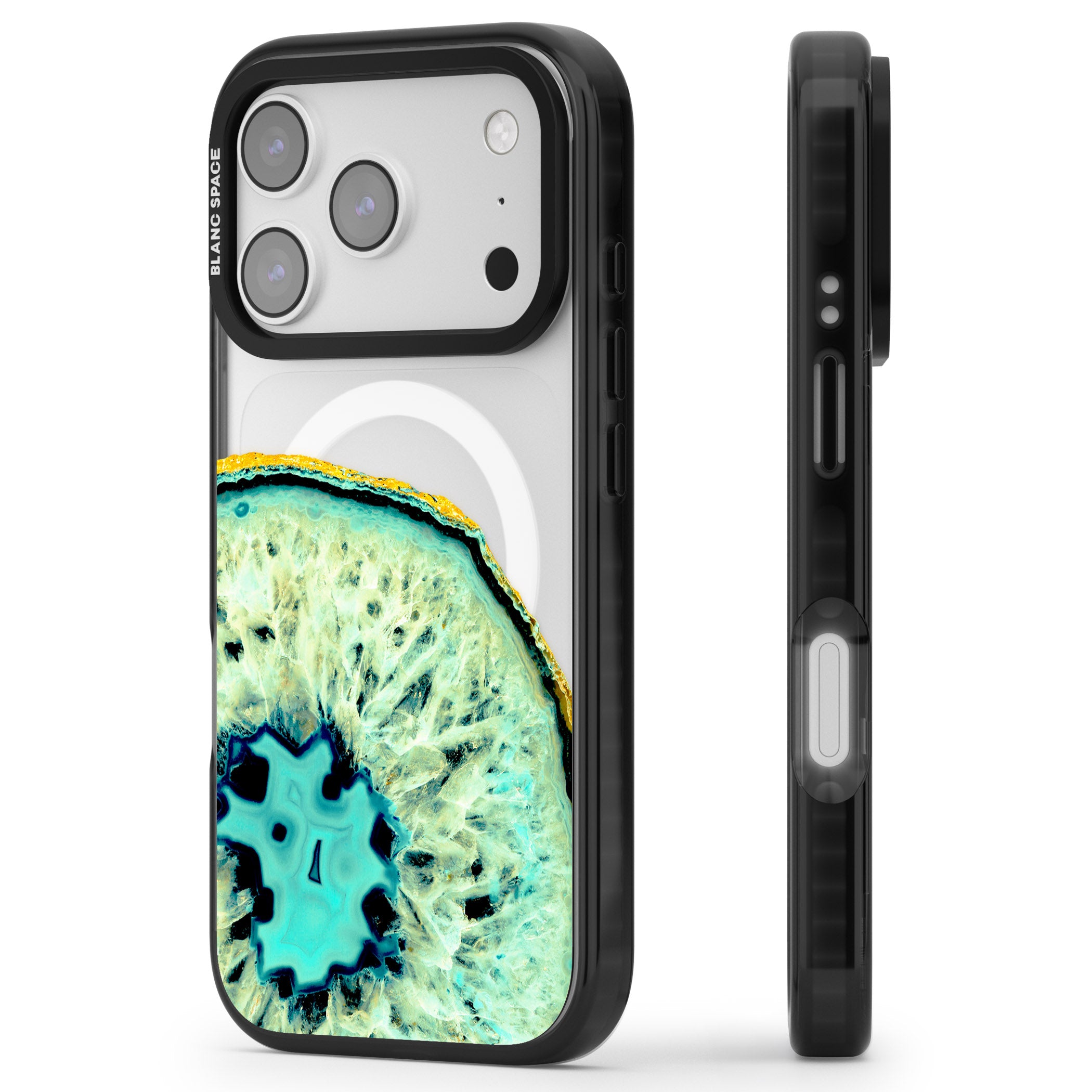 Turquoise Geode Crystal iPhone 17 Pro Impact Pro Black Phone Case Side Profile