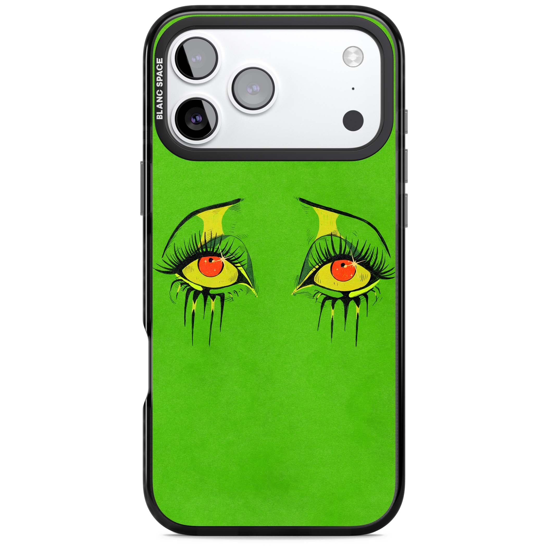Green Enchanted Eyes psychedelic art iPhone case featuring hand-drawn dripping eyes on neon green background | Black Impact Magsafe case for iPhone 17 Pro, iPhone 17 Pro Max