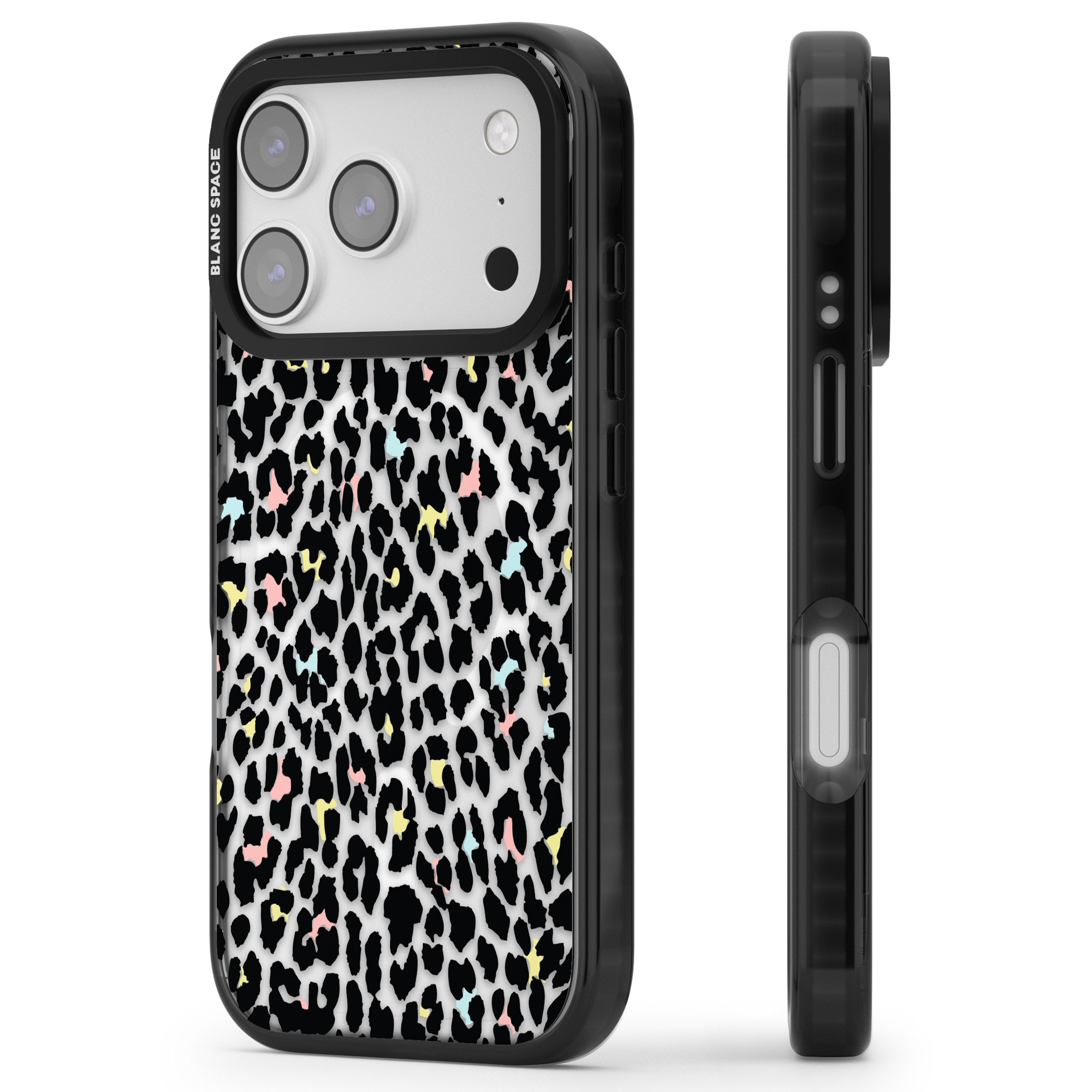 Pastel Leopard Print iPhone 17 Pro Impact Pro Black Phone Case Side Profile