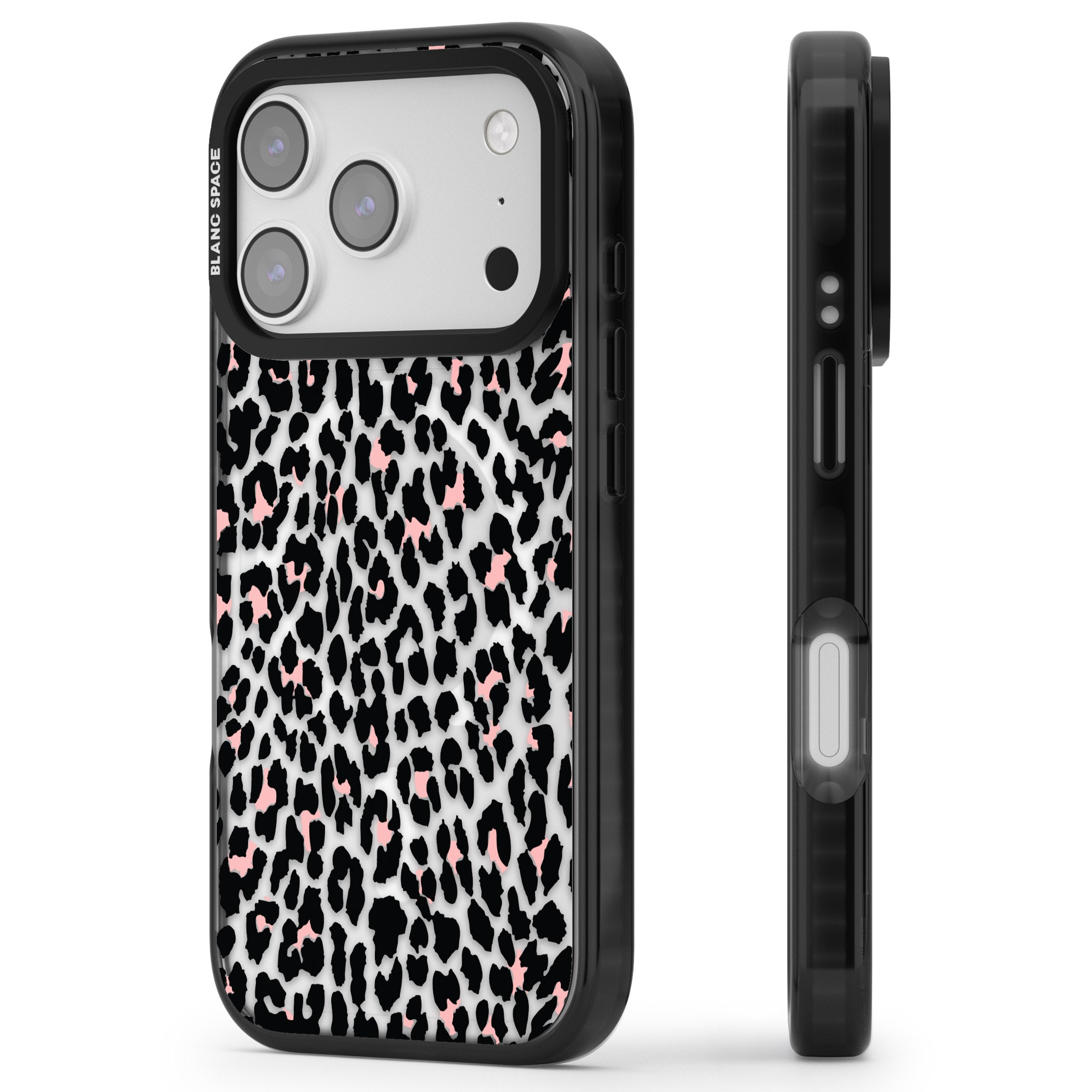 Pink Leopard Print iPhone 17 Pro Impact Pro Black Phone Case Side Profile