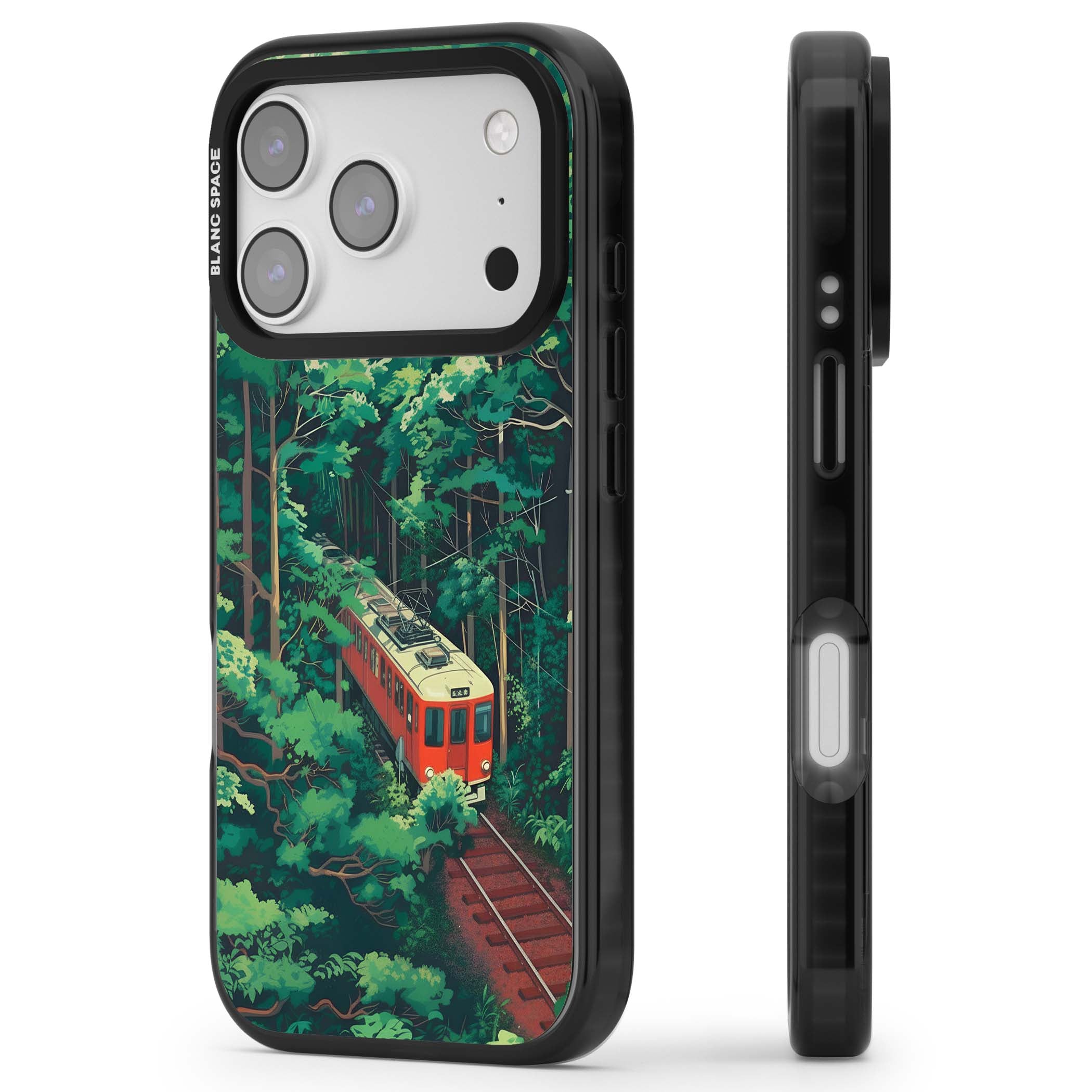 Railway In Toyama Japanese iPhone case featuring a red train, cedar forest and winding mountain railway tracks | Black Impact Magsafe case for iPhone 17 Pro, iPhone 17 Pro Max