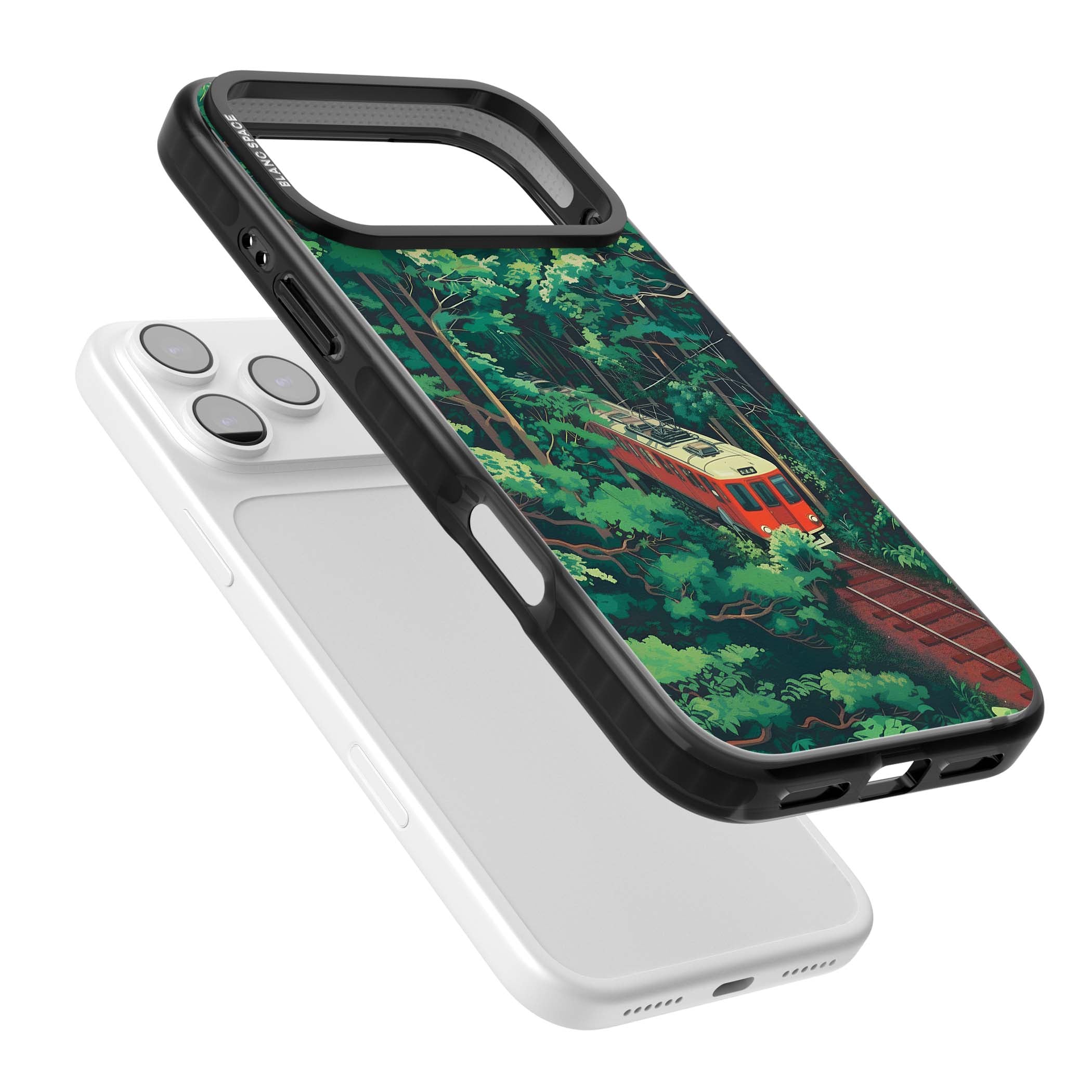 Railway In Toyama Japanese iPhone case featuring a red train, cedar forest and winding mountain railway tracks | Black Impact Magsafe case for iPhone 17 Pro, iPhone 17 Pro Max