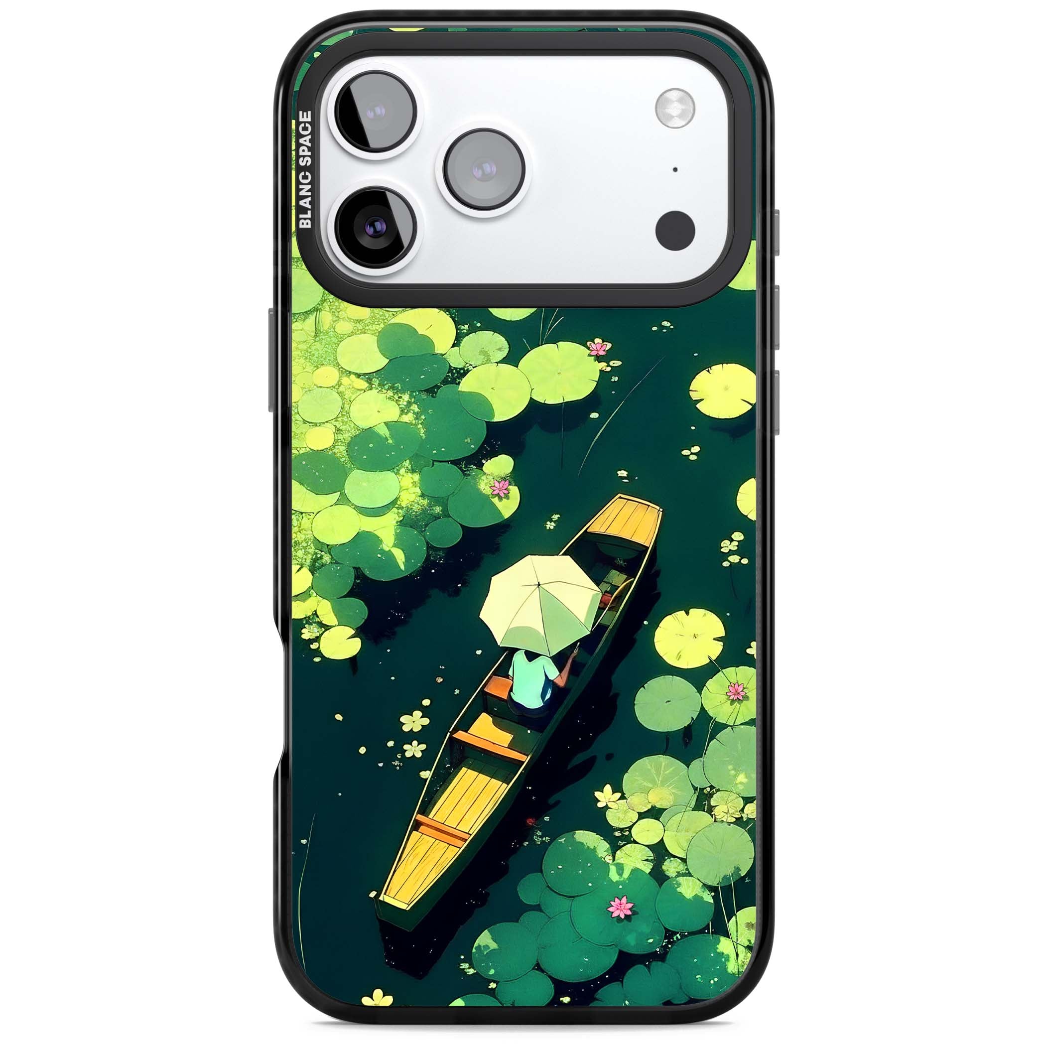 Jade Waters cottagecore iPhone case featuring a painted lily pond, wooden boat with parasol and floating water lilies | Black Impact Magsafe case for iPhone 17 Pro, iPhone 17 Pro Max