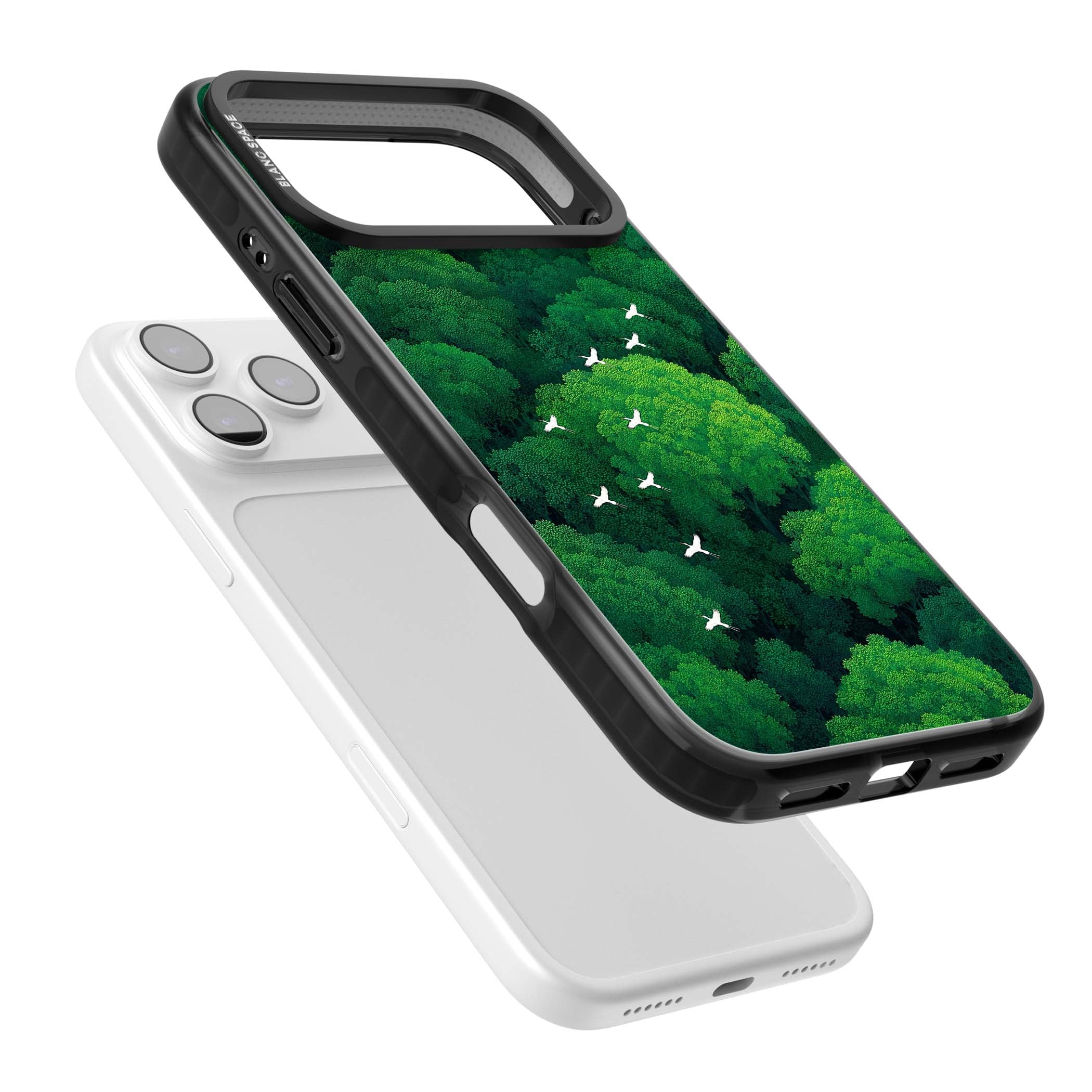 Grove Migration forest iPhone case featuring white cranes flying over lush green treetop canopy | Black Impact Magsafe case for iPhone 17 Pro, iPhone 17 Pro Max